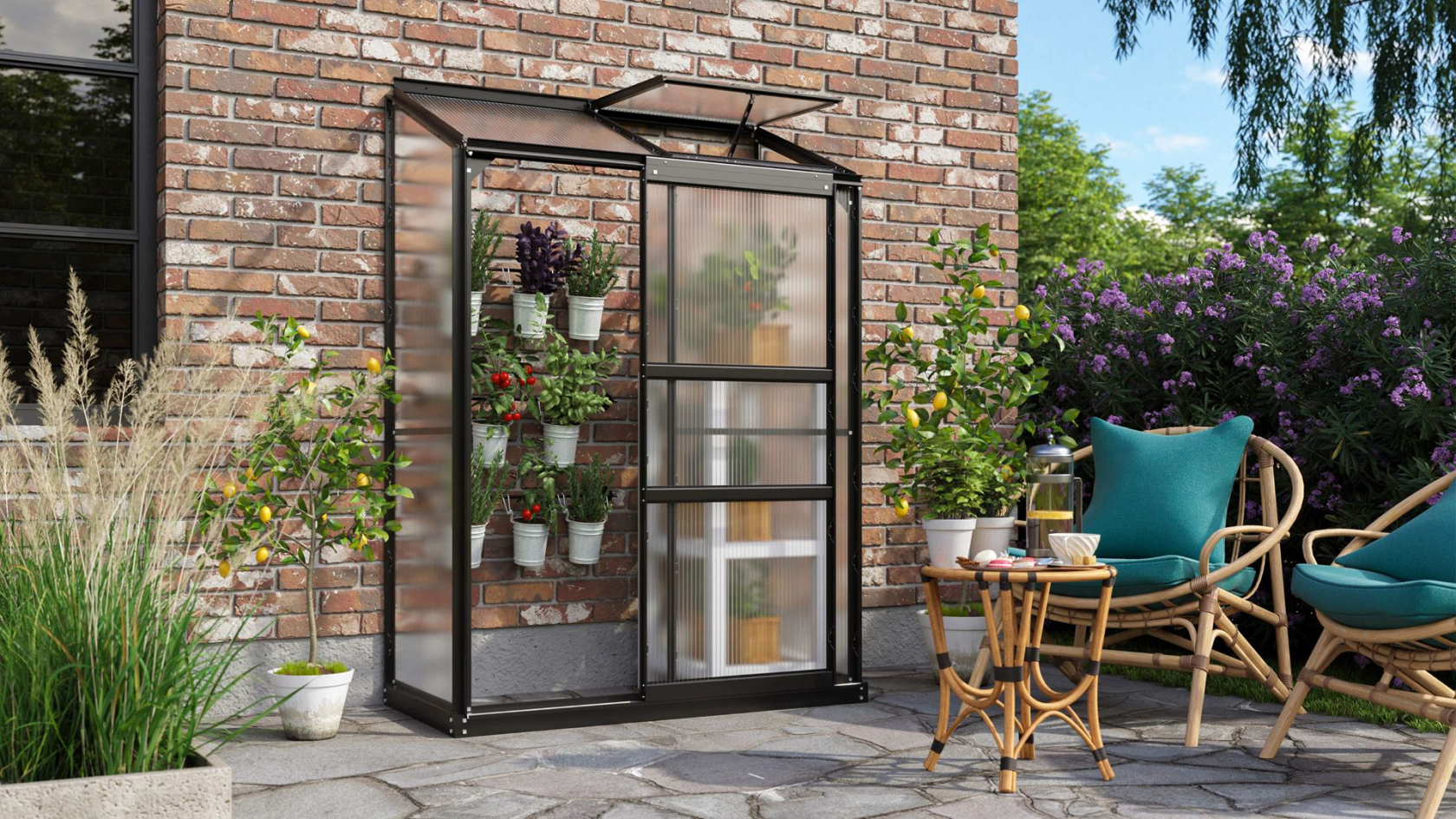 Vitavia Ida wall greenhouse 0.9m² with 4 mm polycarbonate - Black - With single sliding door (B61 cm) and foundation