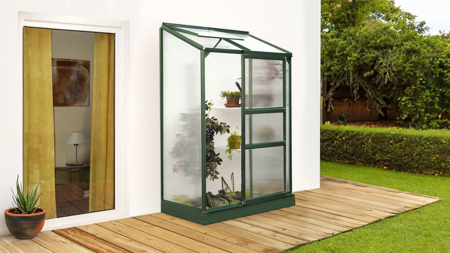 Vitavia Ida wall greenhouse 0.9m² with 4 mm polycarbonate - Dark green - With single sliding door (B61 cm) and foundation
