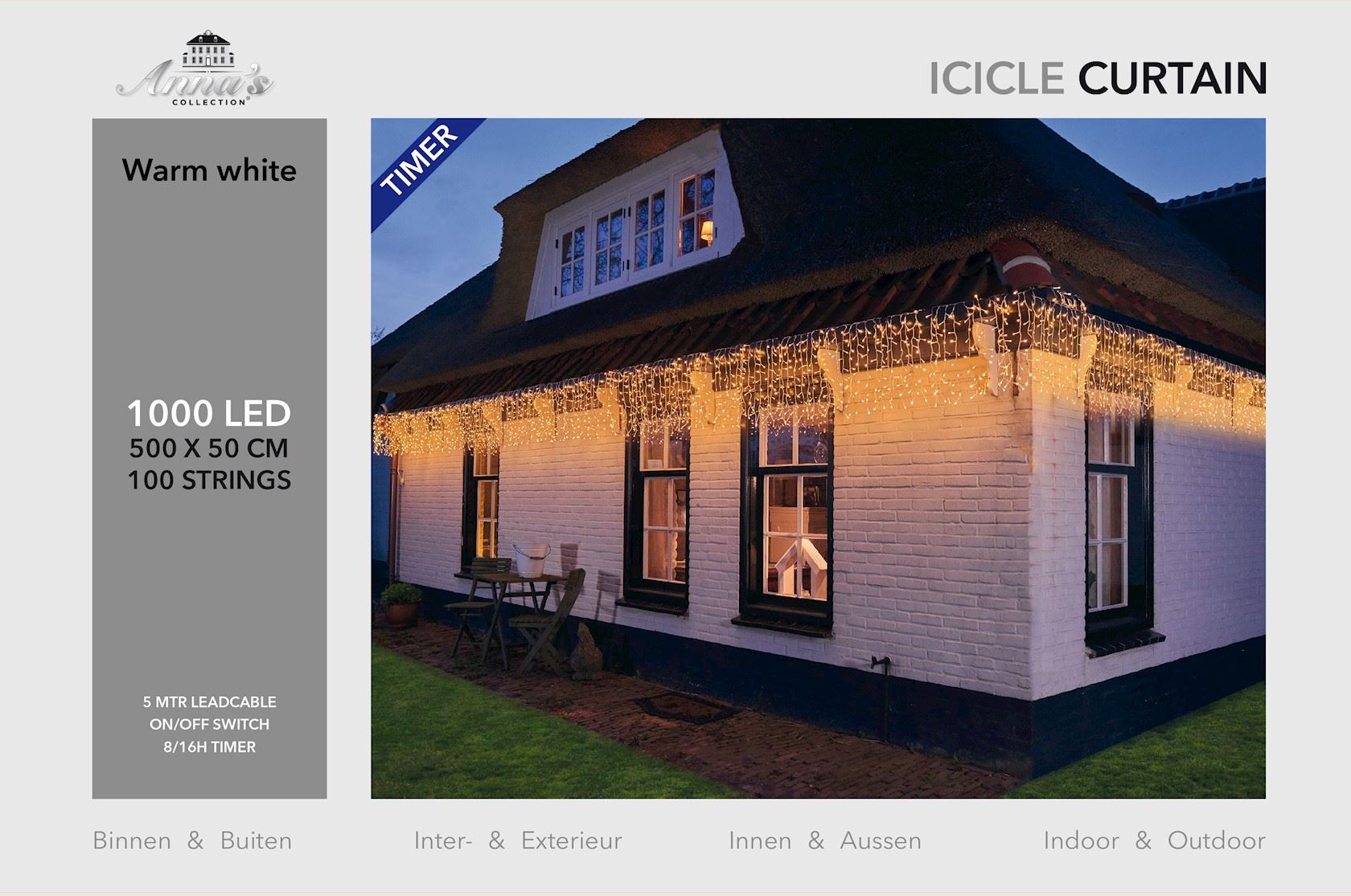 Anna's Collection - ijspegelverlichting - L500 x B50 cm - 100 lichtstrengen - 1.000 warm witte ledlampjes - met timer