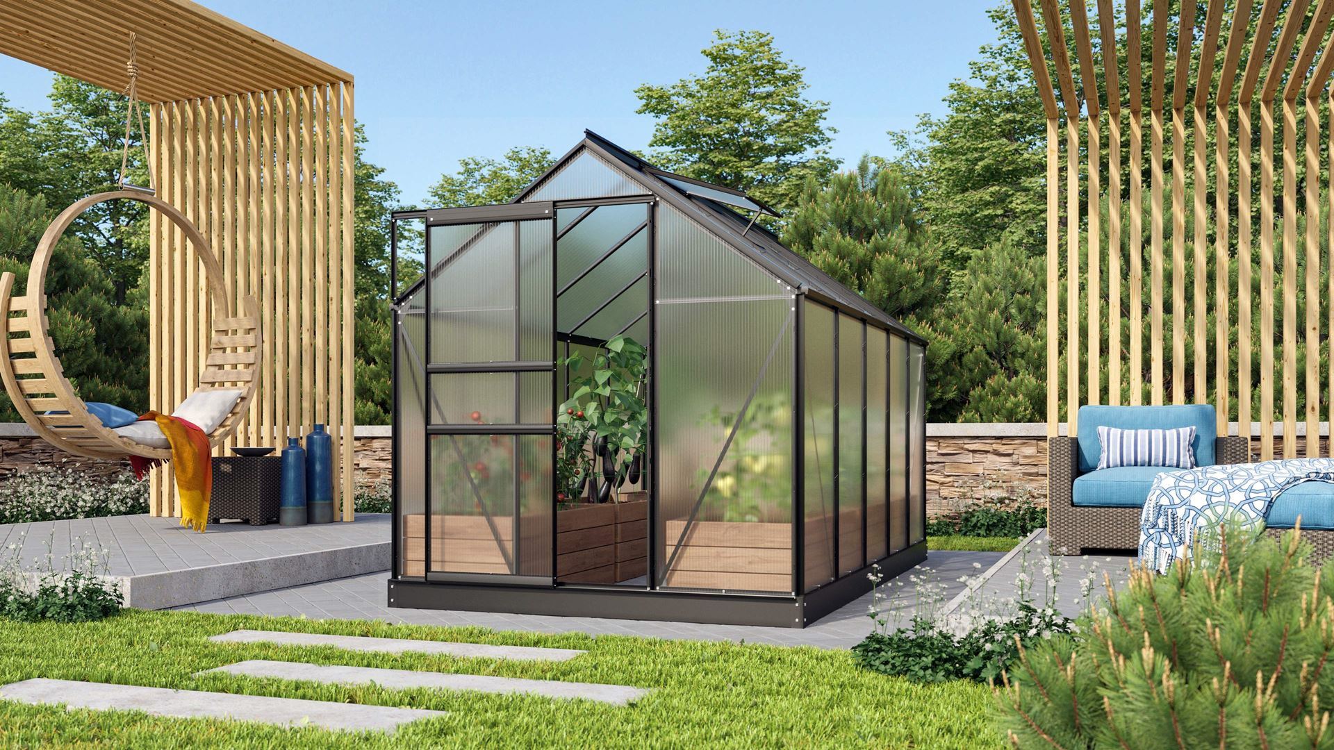 Vitavia Venus serre 6,2m² met 6mm polycarbonaat - Zwart - Met enkele schuifdeur (B61 cm) en fundering