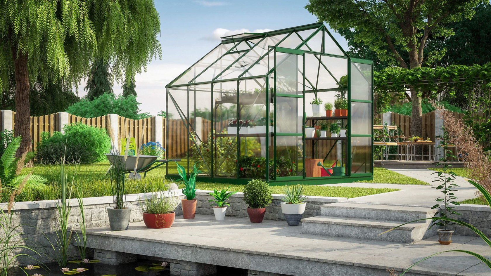 Serre Vitavia Uranus 6.7m² avec verre de sécurité - Vert foncé - Avec double porte coulissante (L120 cm) et fondation
