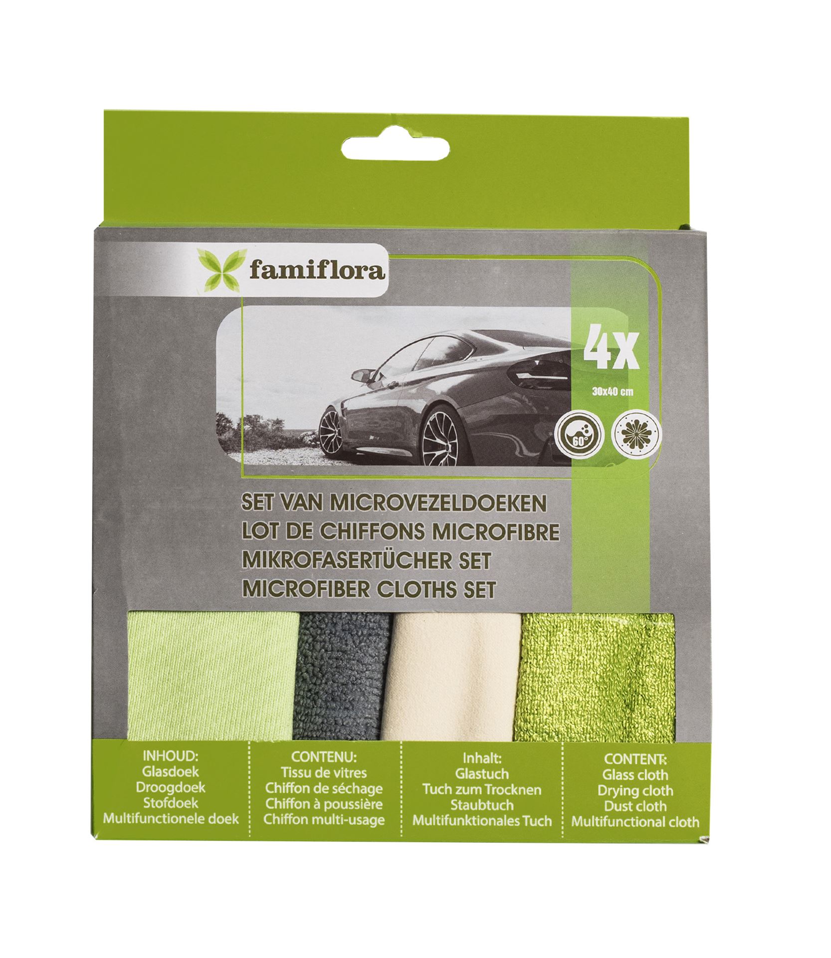 Famiflora set de 4 chiffons en microfibre - Car wash set - Car cleaning set - 30 x 40 cm