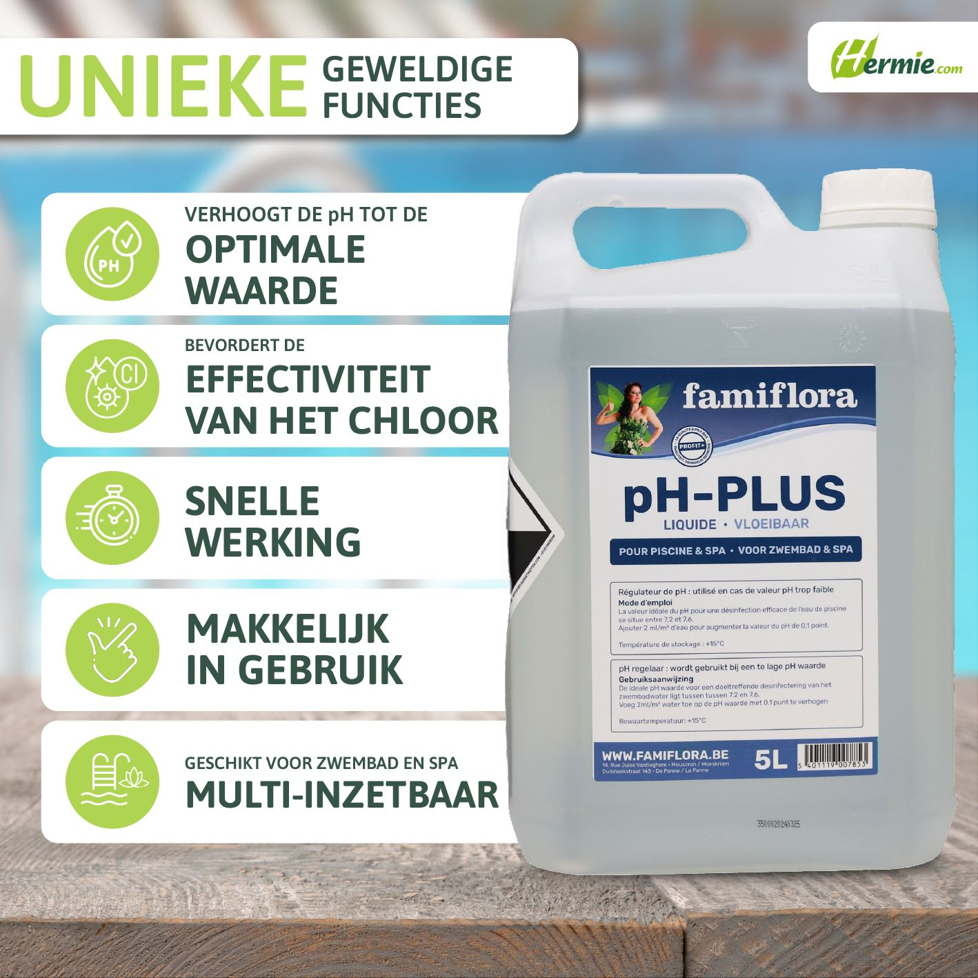 Famiflora pH-plus vloeibaar 5L - verhoogt de pH-waarde van je zwembad of spa!