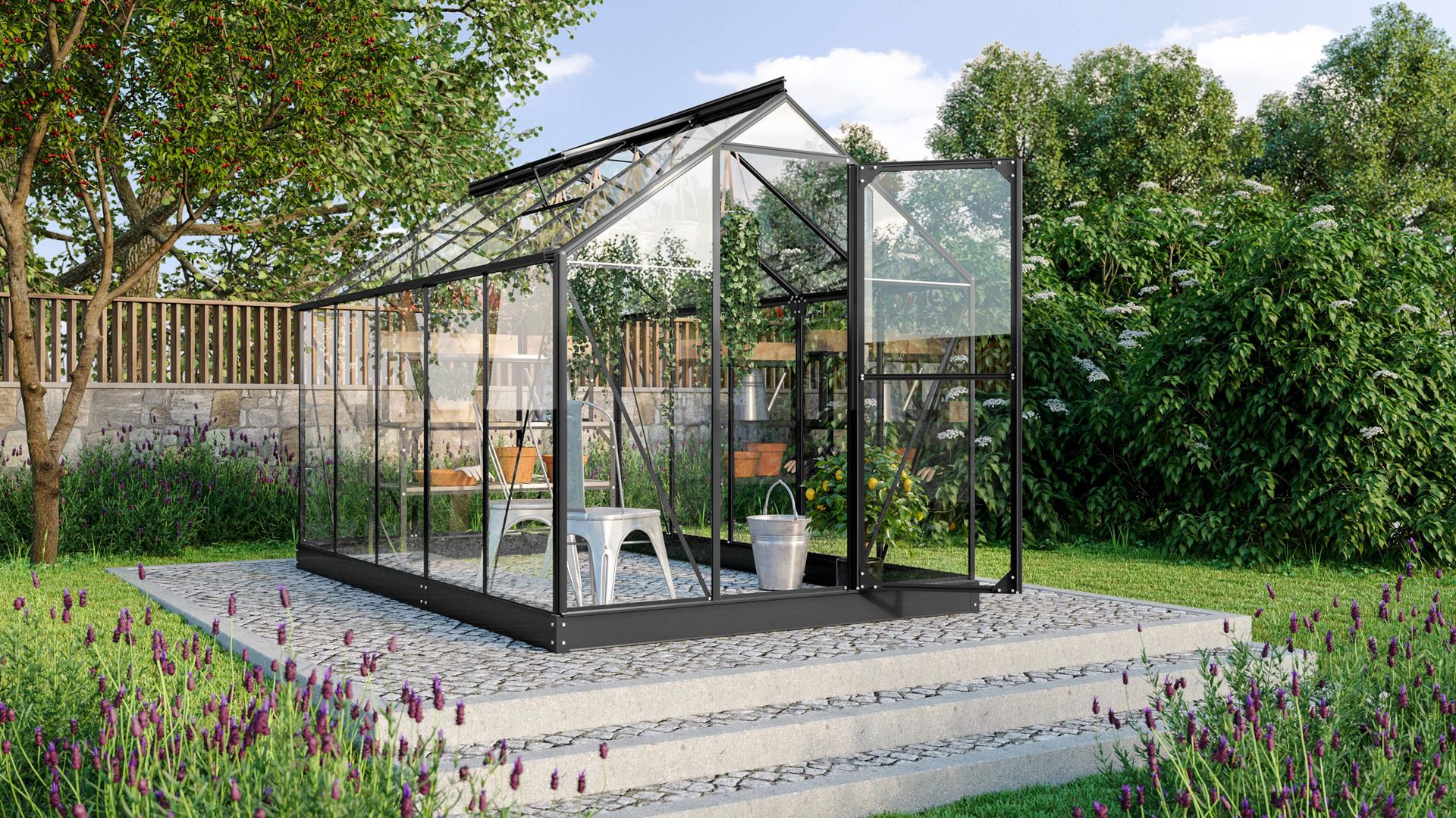 Vitavia Triton greenhouse 6.2m² with safety glass - Black - With flexible door arrangement (can be set as a French door or sliding door) and foundation