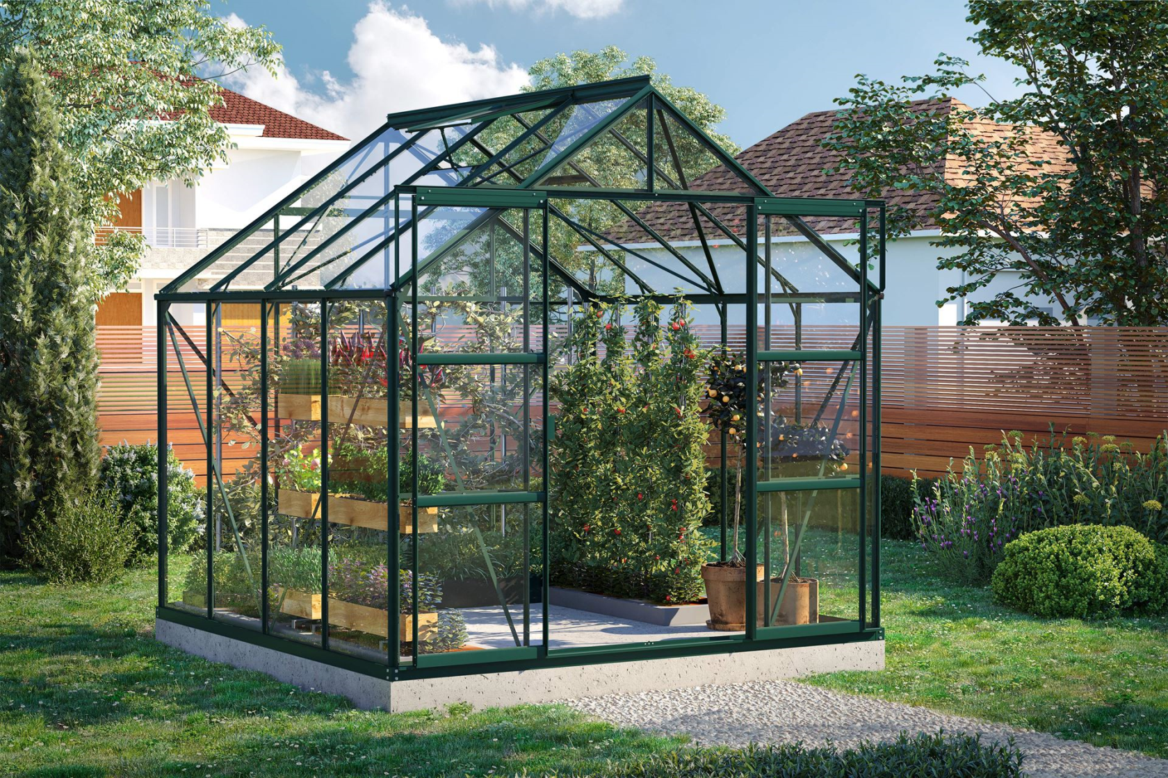 Serre Vitavia Uranus 6.7m² avec verre de sécurité - Vert foncé - Avec double porte coulissante (L120 cm) et fondation