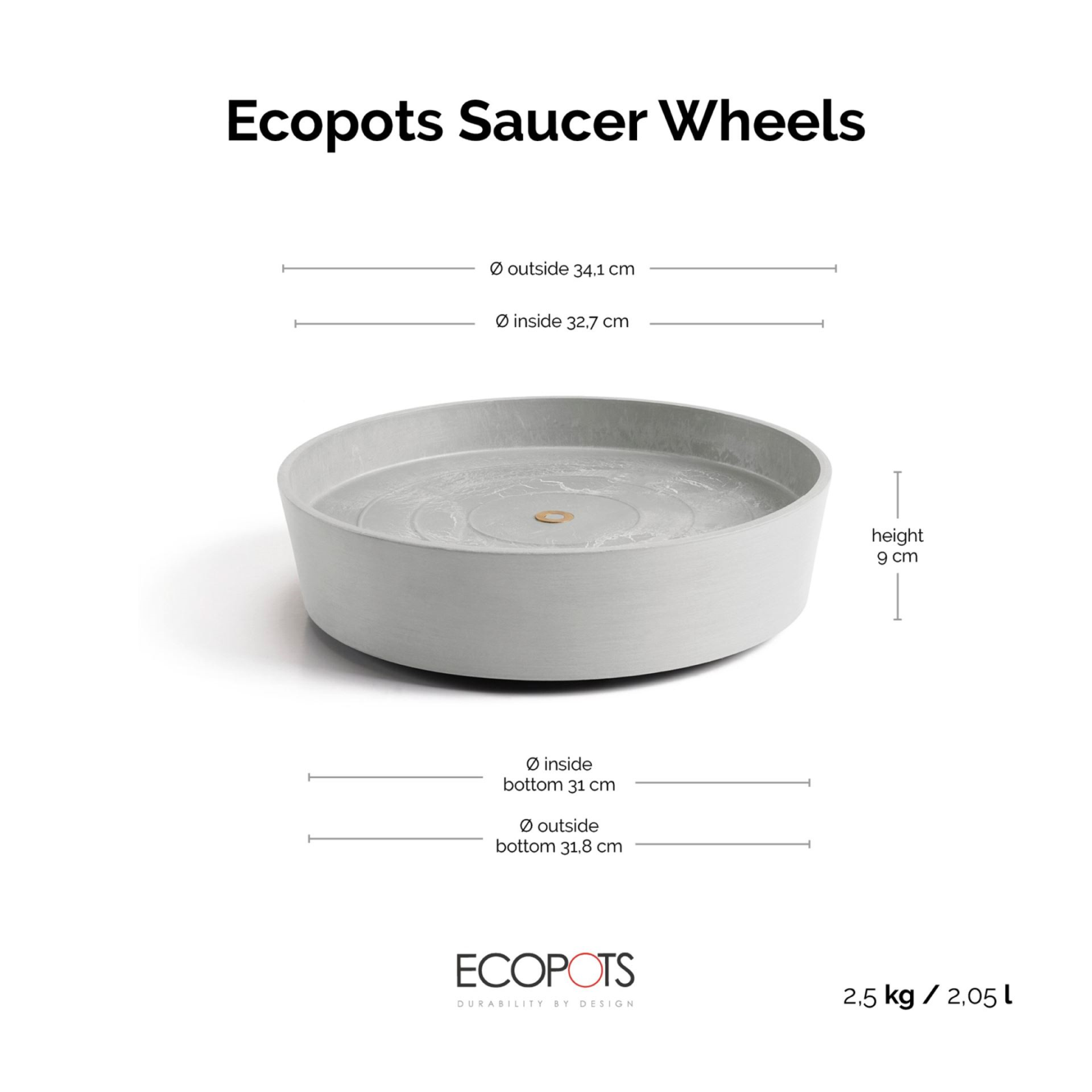Ecopots onderschotel op wielen - Rond - White Grey - Diameter 34,1 x H9 cm
