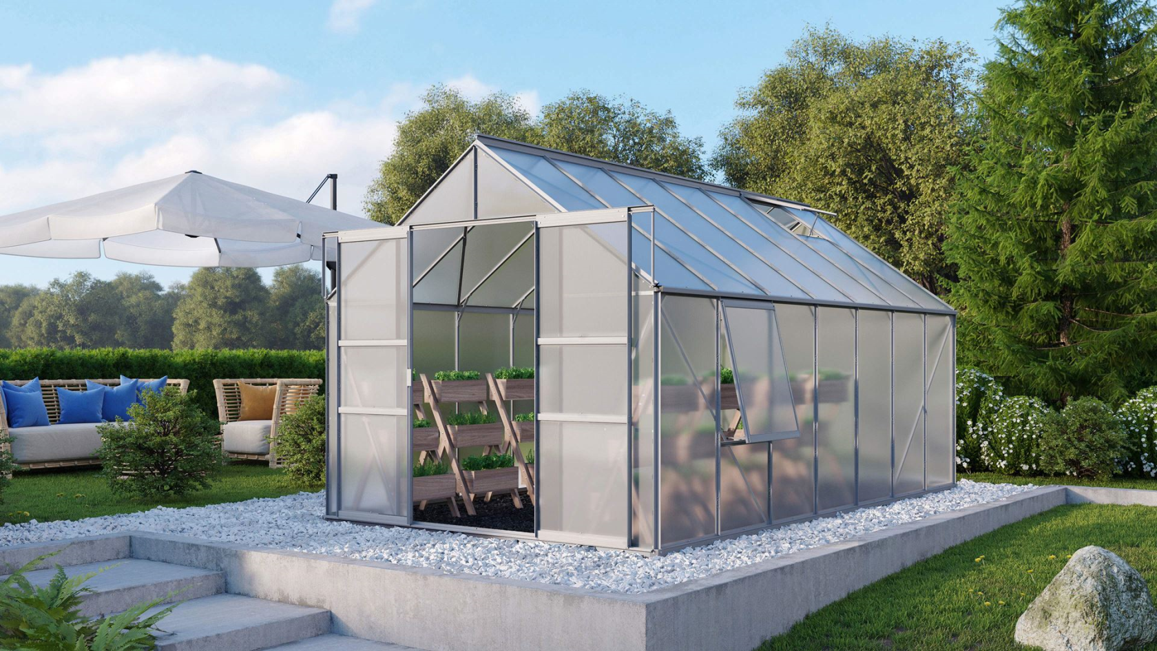 Vitavia Meridian 2 greenhouse 11.5m² with 6 mm polycarbonate - Aluminum - With double sliding door (W120 cm) and foundation