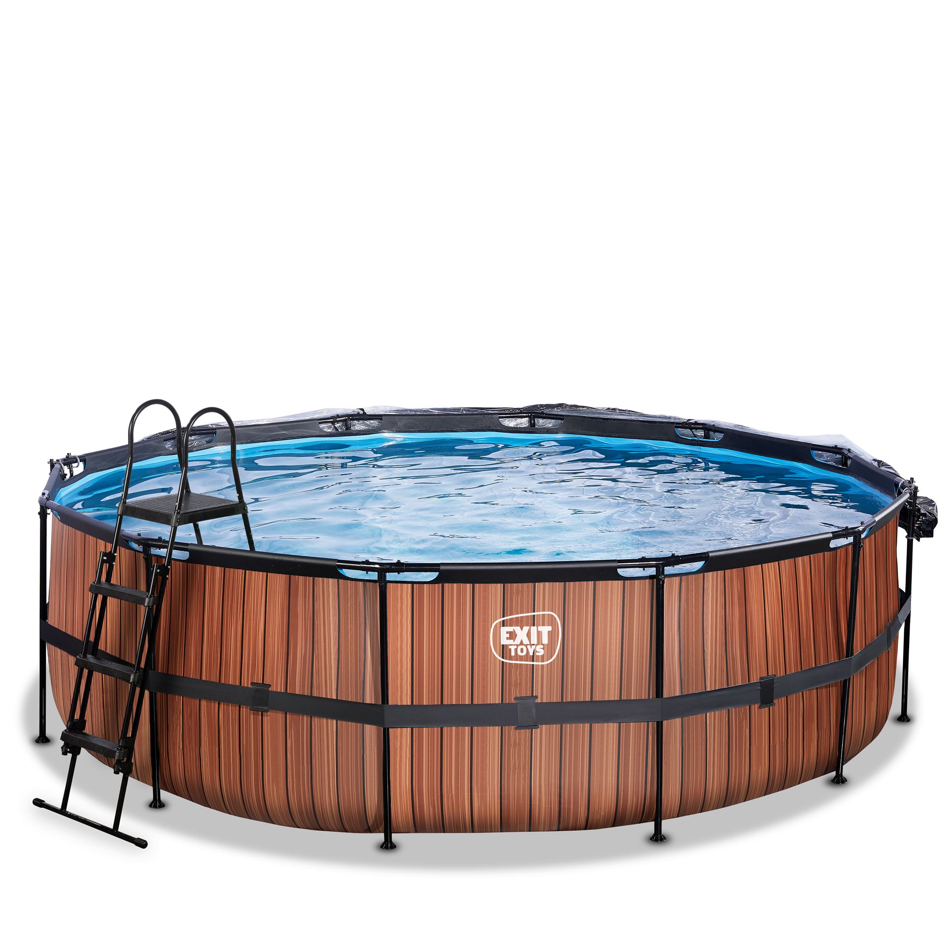 EXIT-Wood-zwembad-450x122cm-met-zandfilterpomp-en-overkapping-en-warmtepomp-bruin