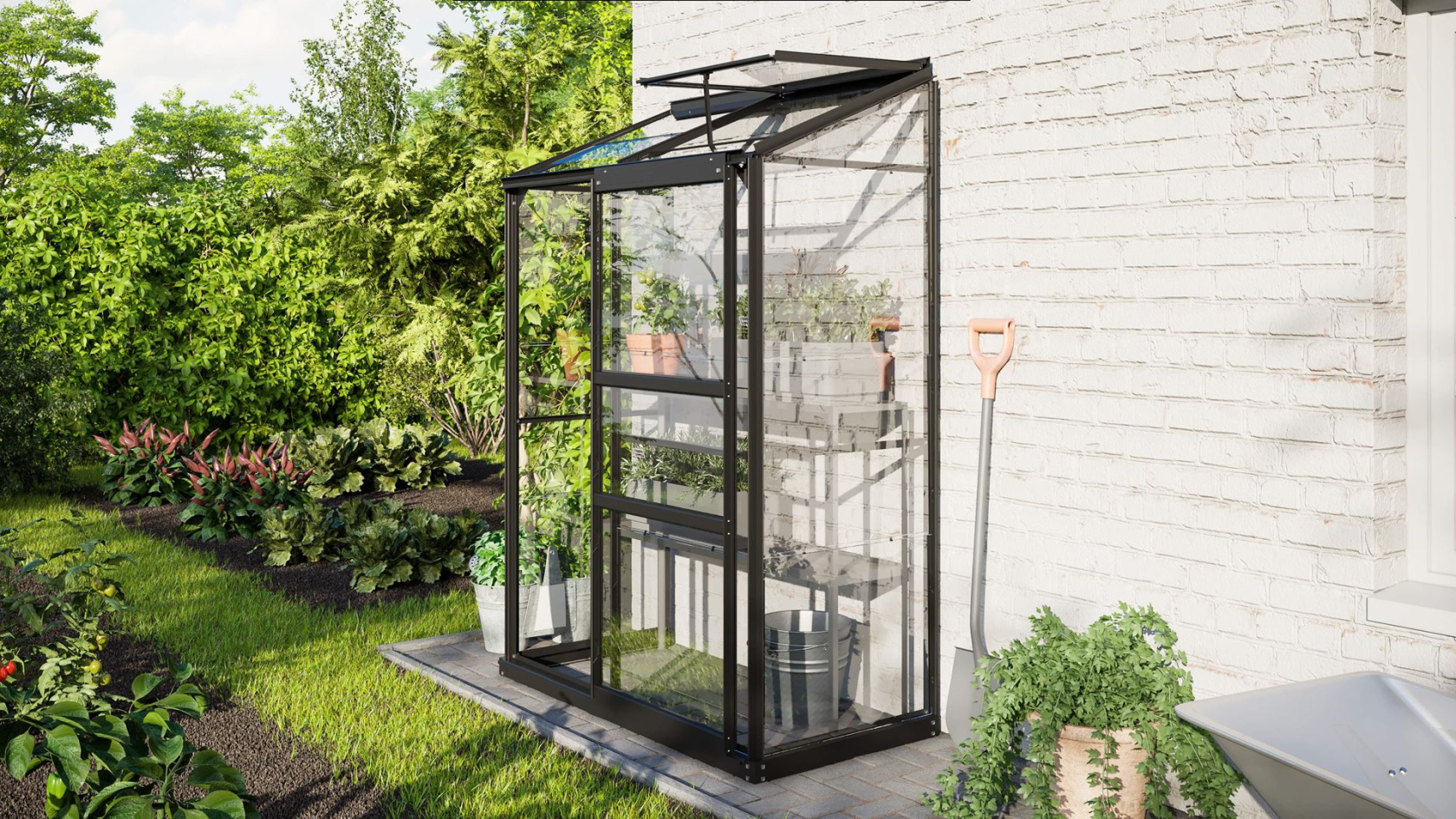 Vitavia Ida wall greenhouse 0.9m² with safety glass - Black - With single sliding door (W61 cm) and foundation