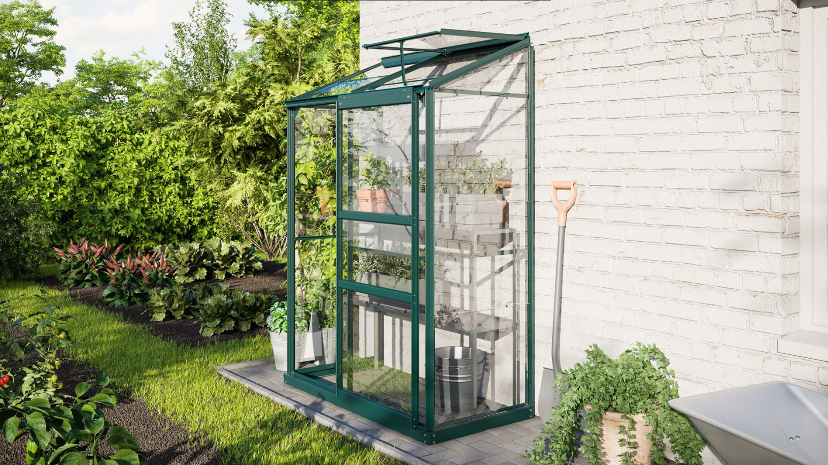 Vitavia Ida wall greenhouse 0.9m² with safety glass - Dark green - With single sliding door (B61 cm) and foundation