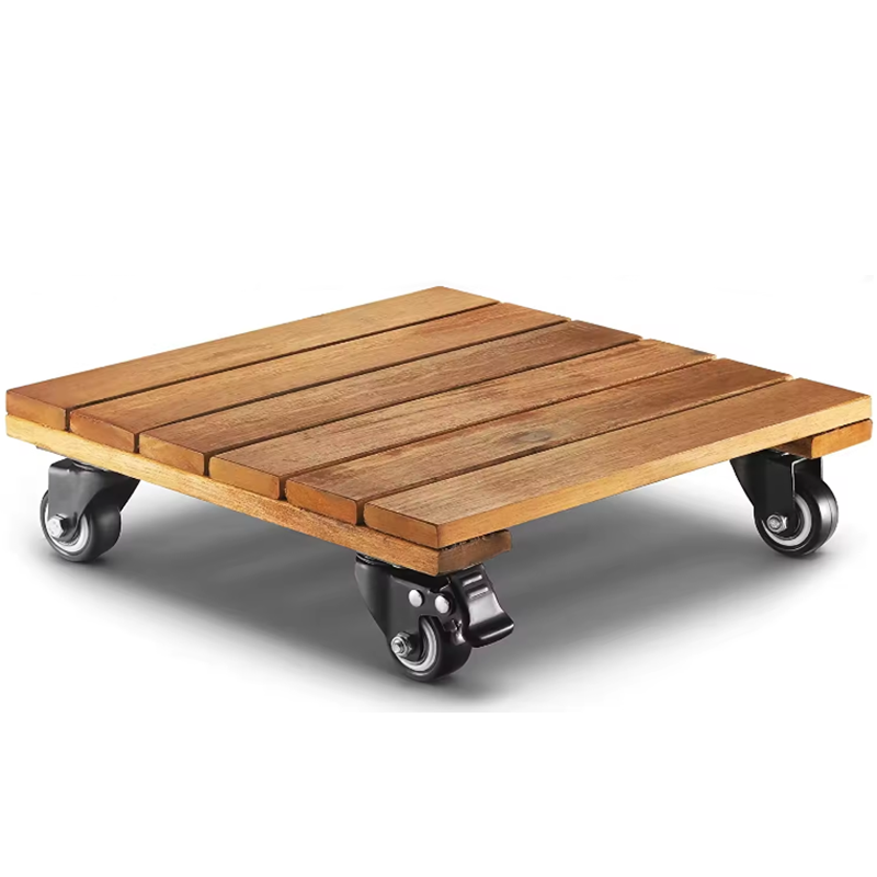 Plantentrolley hout vierkant met 4 kunststof wielen 30x30x8,5cm