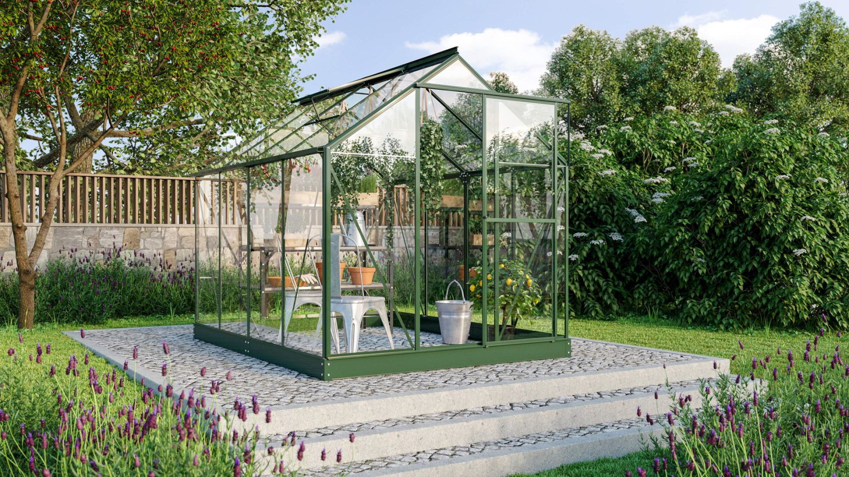 Vitavia Triton greenhouse 5m² with safety glass - Dark green - With flexible door arrangement (can be set up as a French door or sliding door) and foundation
