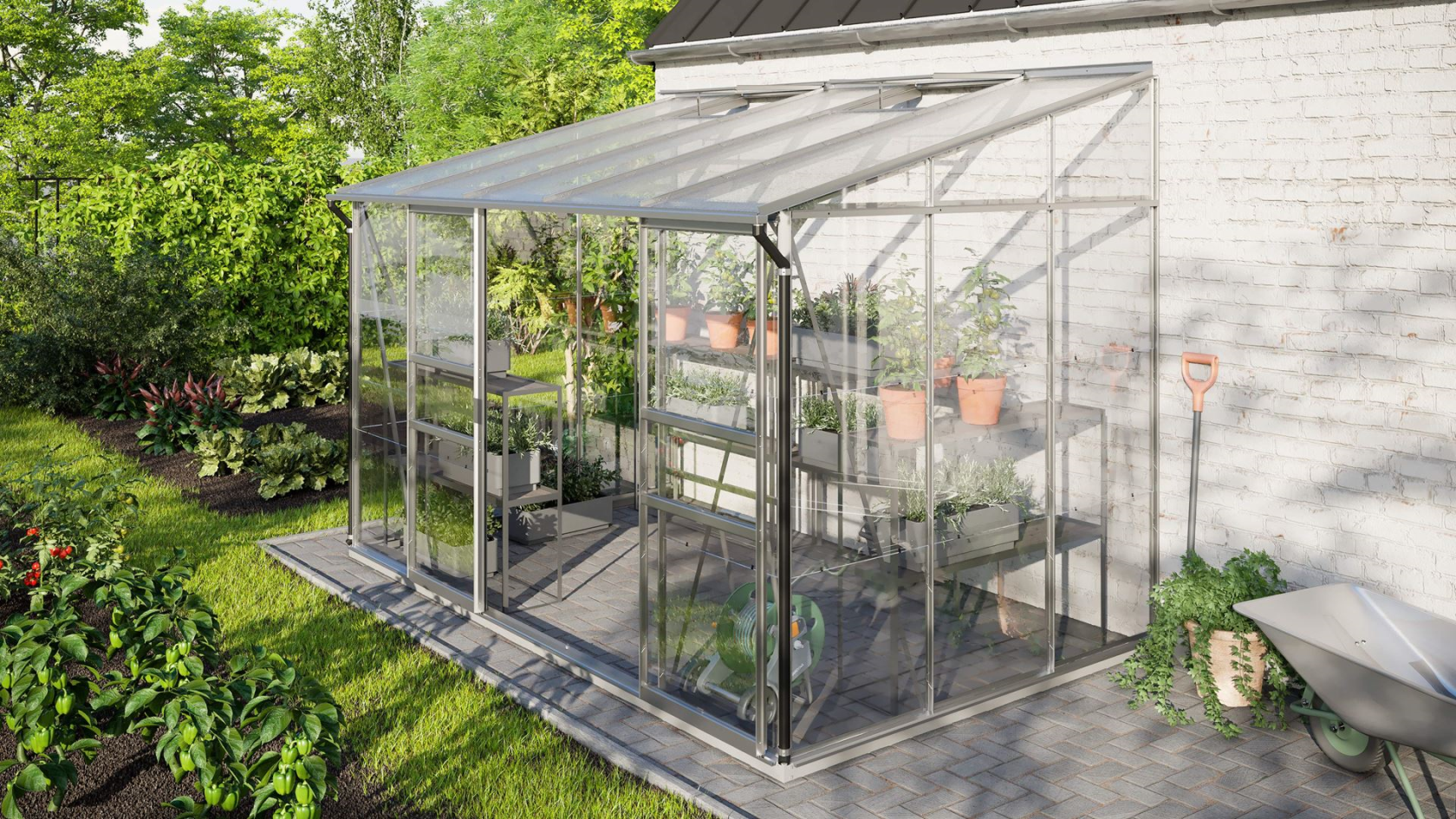 Vitavia Ida wall greenhouse 6,5m² with safety glass - Aluminum - With double sliding door (W120 cm) and foundation