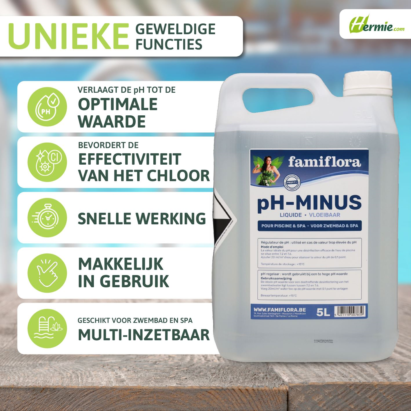 Famiflora pH-minus vloeibaar 5L - verlaagt de pH-waarde van je zwembad of spa!