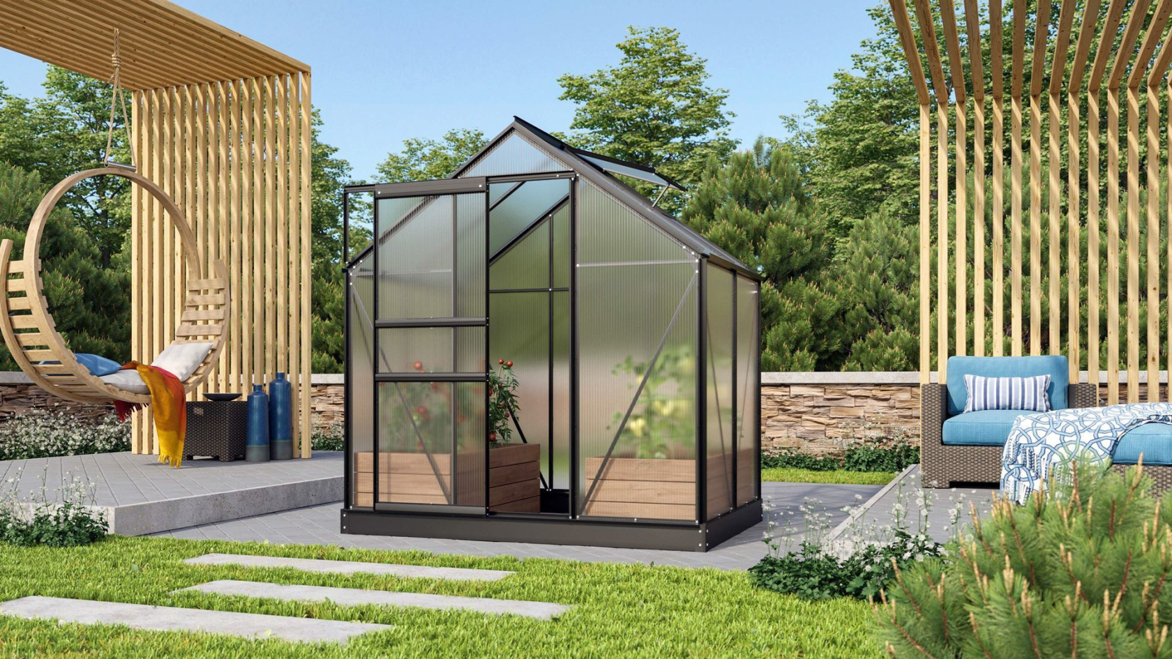 Serre Vitavia Venus 2.5m² avec polycarbonate 6mm - Noir - Avec porte coulissante simple (B61 cm) et fondation