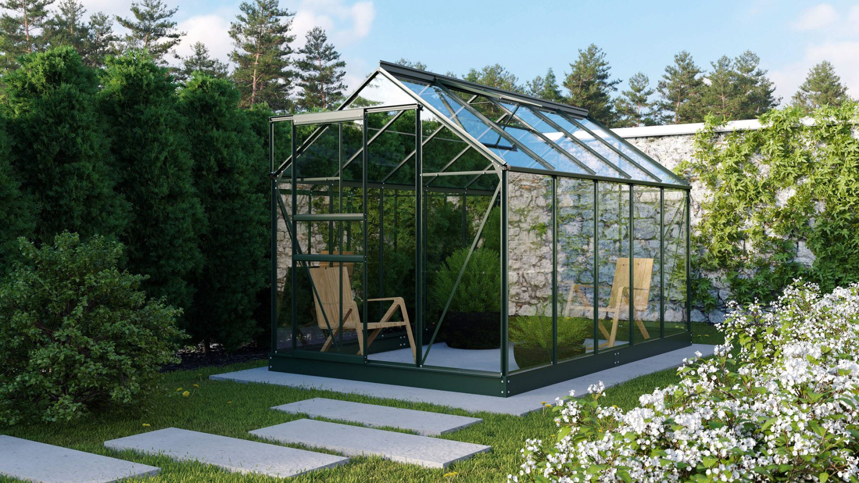 Vitavia Planet greenhouse 6.2m² with safety glass - Dark green - With single sliding door (B61 cm) and foundation