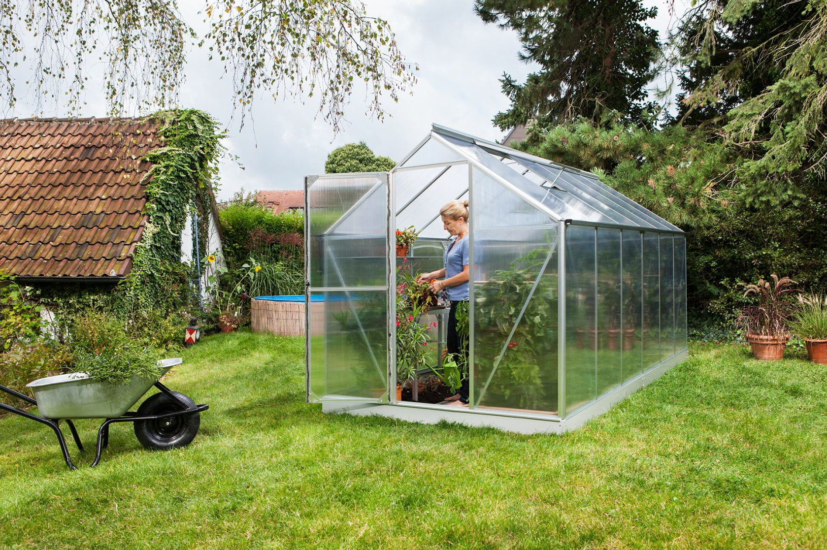Serre Vitavia Triton 7,5m² avec polycarbonate 6 mm - Aluminium - Avec porte flexible (porte à la française ou porte coulissante) et fondation