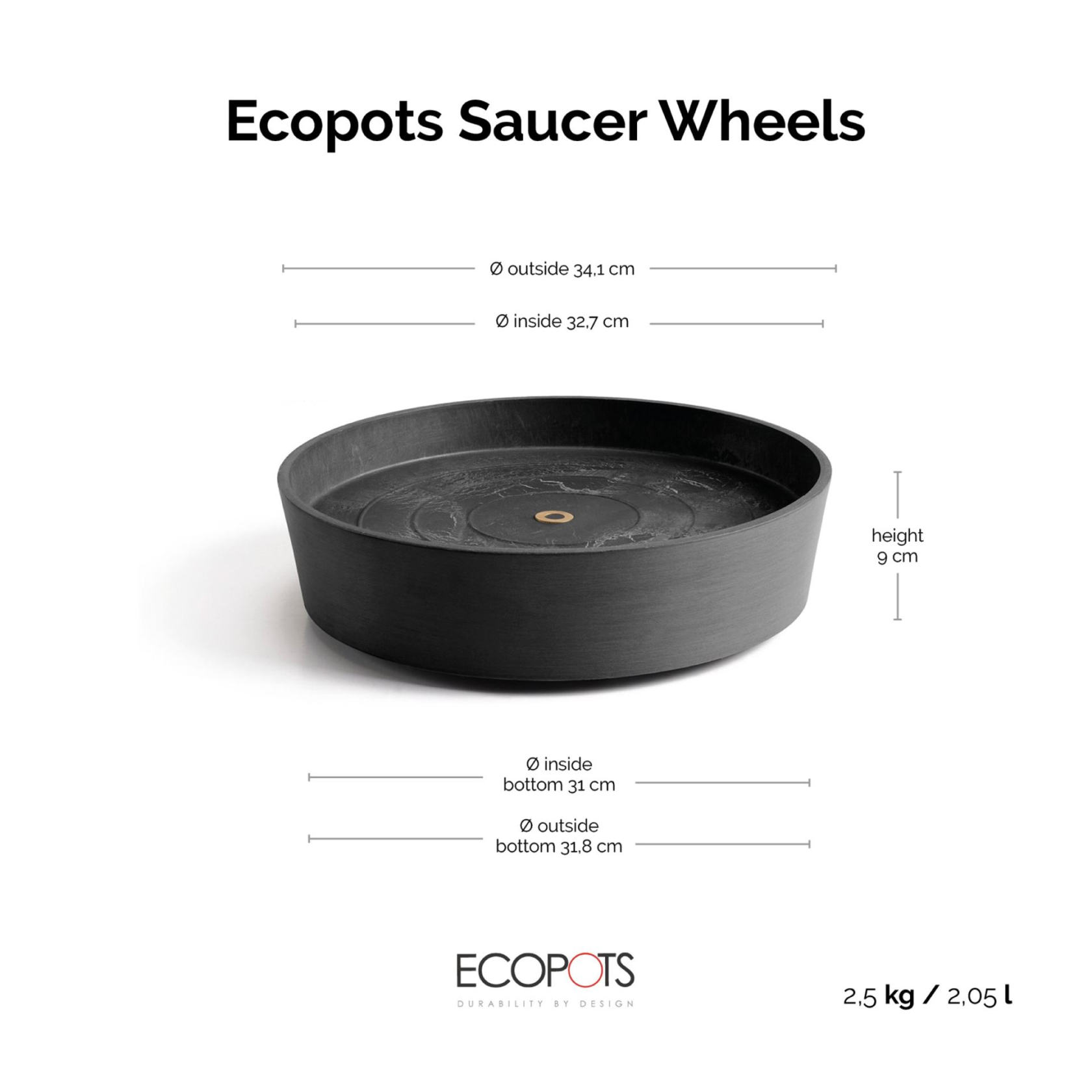 Soucoupe à roulettes Ecopots - Ronde - Gris foncé - Diamètre 34,1 x H9 cm