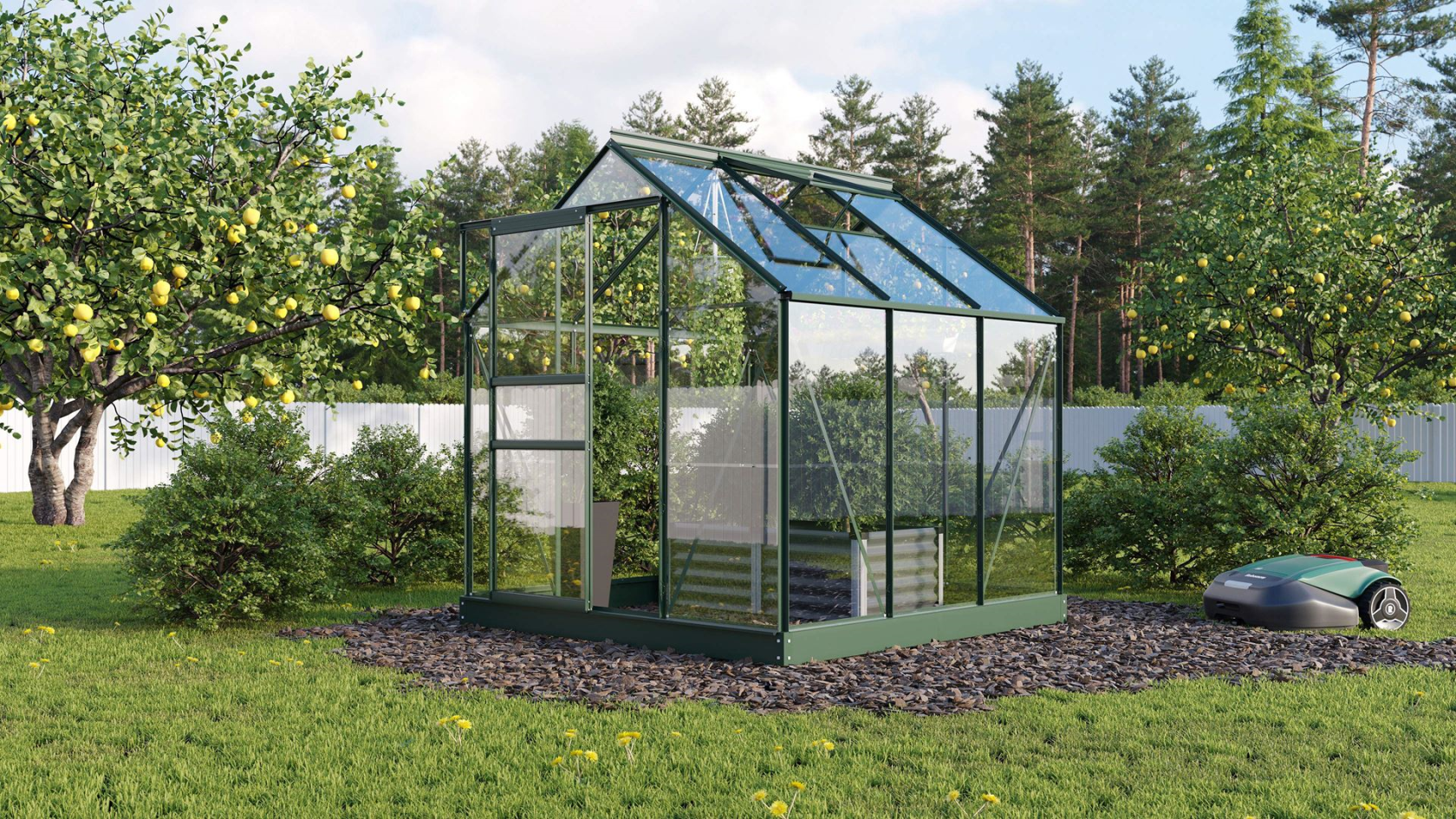 Serre Vitavia Planet 3.8m² avec verre de sécurité - Vert foncé - Avec porte coulissante simple (B61 cm) et fondation
