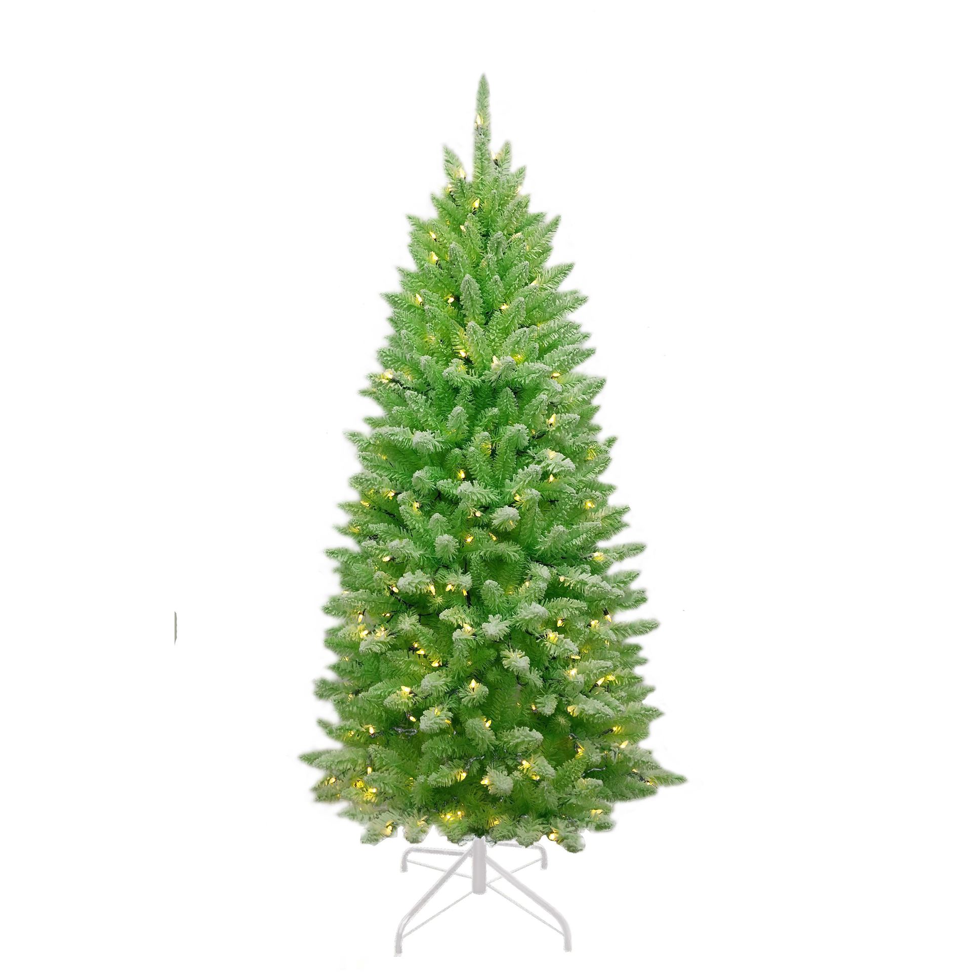 Funky Green Flocked sapin de Noël artificiel illuminé - 183 cm - Flocage vert clair - Ø91 cm - 709 pointes - 300 lumières LED (blanc chaud) - Neige/Givré - Base en métal