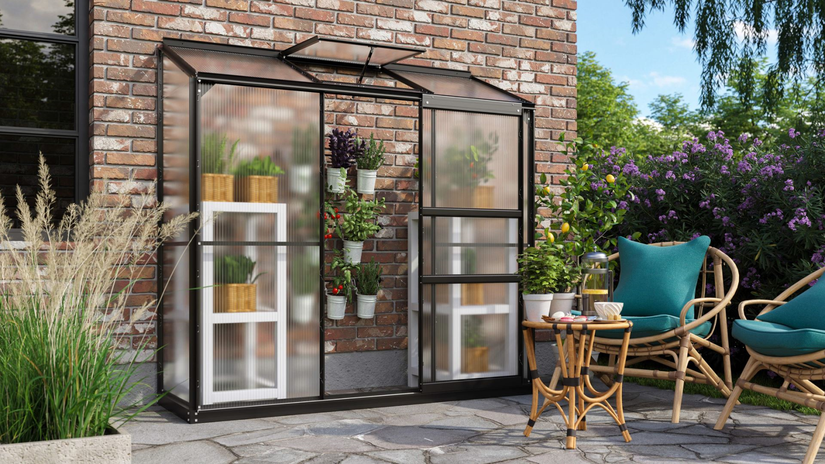 Vitavia Ida wall greenhouse 1.3m² with 4 mm polycarbonate - Black - With single sliding door (B61 cm) and foundation