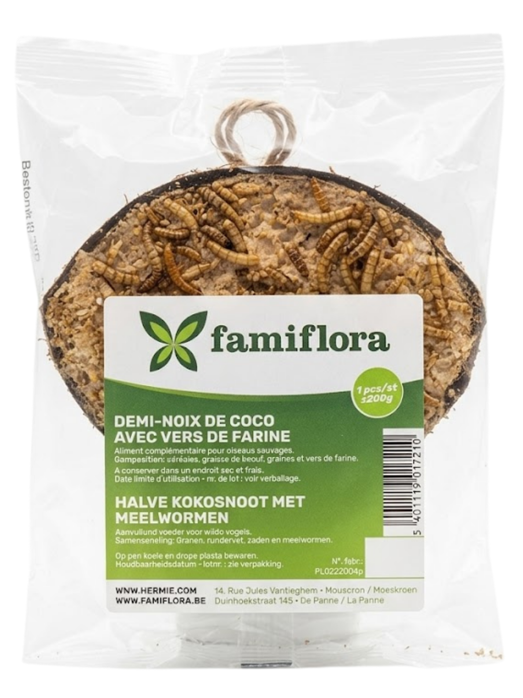Famiflora Demi noix de coco farcie - Oiseaux sauvages - Avec vers de farine - +/- 200g