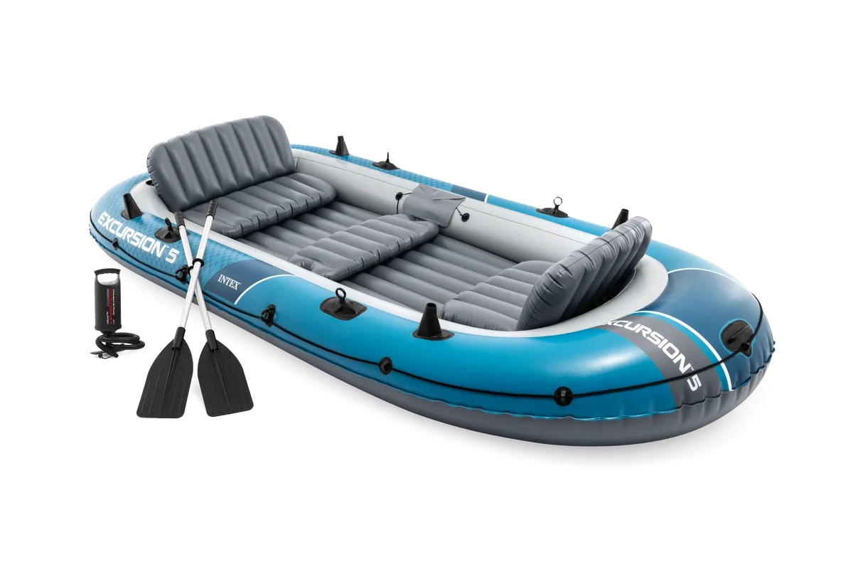 Intex Excursion 5 Inflatable Boat Set - 5 Persons - 366x168 cm - 3 Air Chambers - Fishing Rod Rests