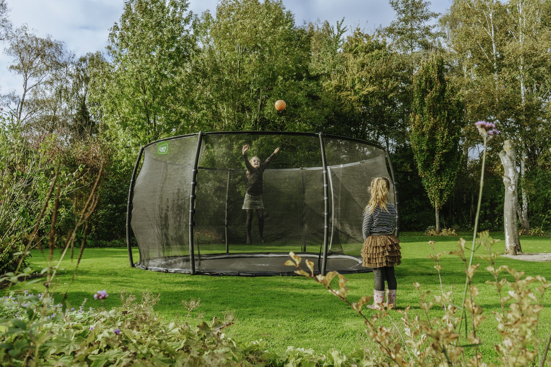 EXIT-Dynamic-groundlevel-trampoline-427cm-met-veiligheidsnet-zwart
