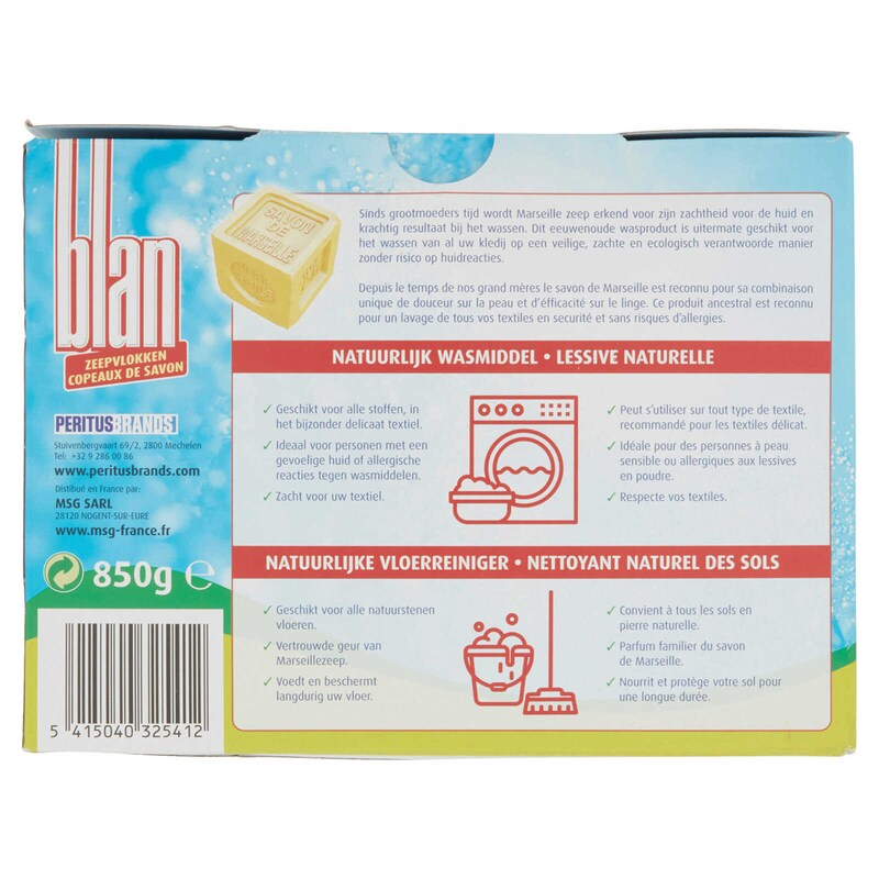 Blan marseille soap flakes 850 grams - For 12 washes - Without dye, perfume and harmful additives