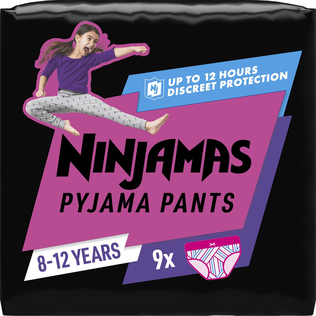 Ninjamas Pyjama Pants Girl - 9 Night Diapers - 8-12 Years - Bedwetting Protection