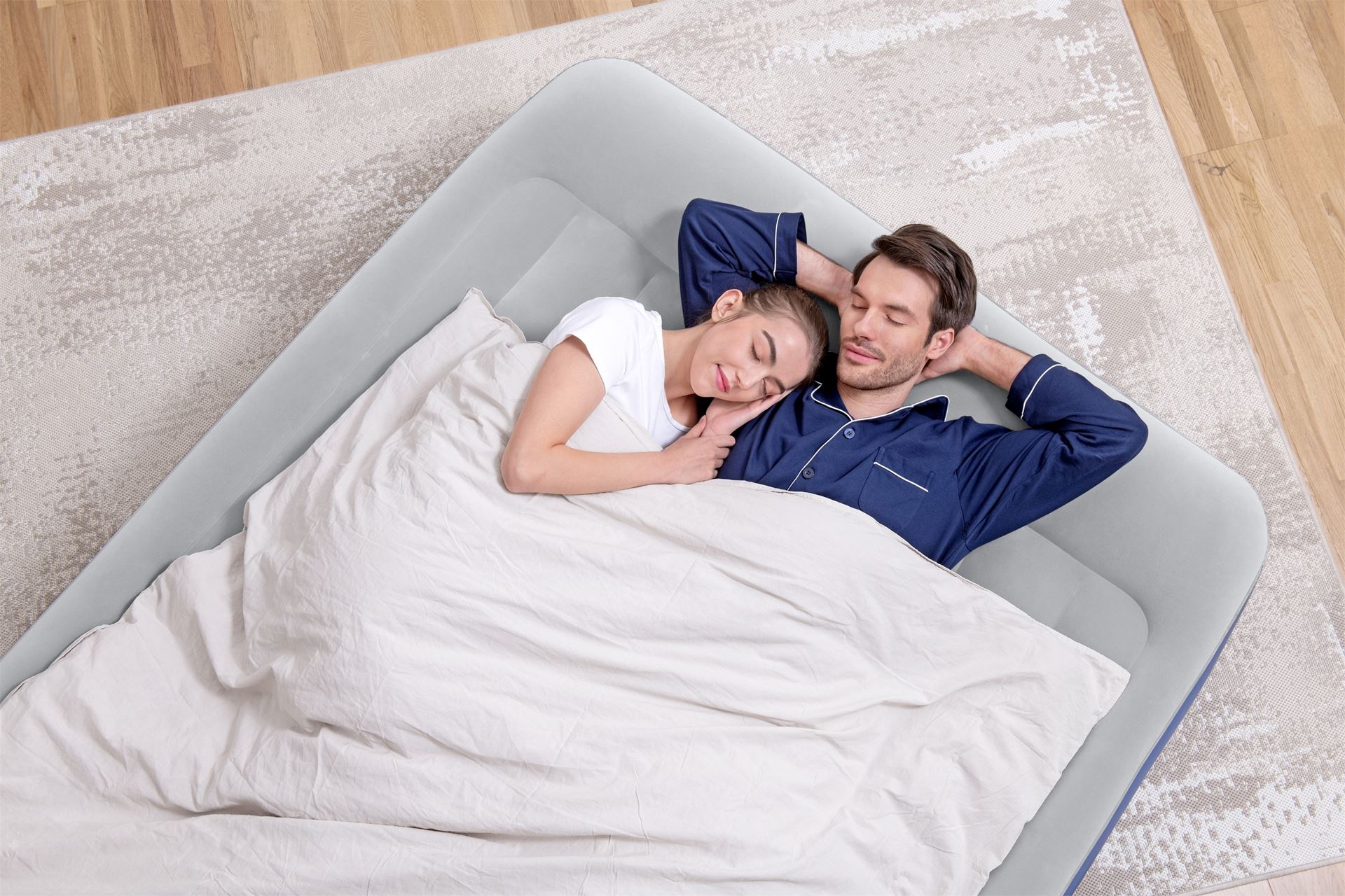Bestway airbed 'Tritech Queen' - 203x152x46 cm - with side, built-in pump, deflating valve and pillow - blue/gray Bestway-2-03m-x-1-52m-x-46cm-Tritech-Air-Mattress-Queen-Built-in-AC-Pump