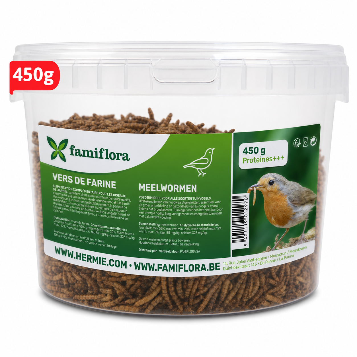 Famiflora vers de farine séchés 450 g = ± 2,7L en seau refermable - pour oiseaux de jardin