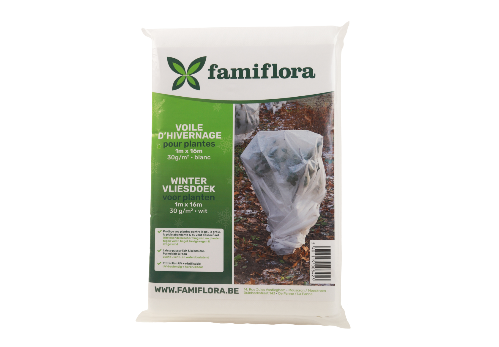 Toile de protection hivernale Famiflora pour plantes 1 x 16 m – 30 g/m² – Protection contre le gel – Respirante – Résistante aux UV
