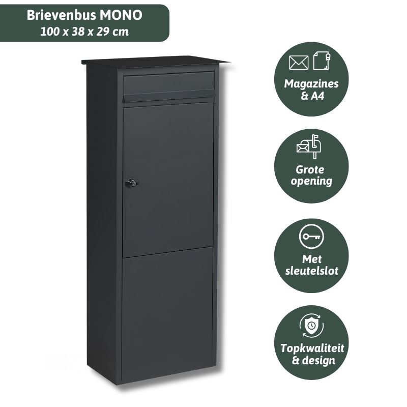 Famiflora brievenbus MONO met sleutelslot - mat zwart - 100 x 38 x 29 cm - topkwaliteit!