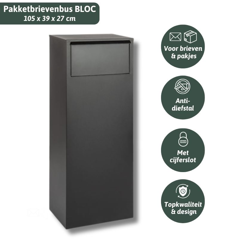 Famiflora pakketbrievenbus BLOC met cijferslot - mat zwart - 105 x 39 x 27 cm - topkwaliteit!