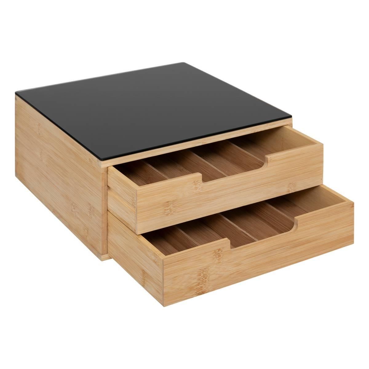 Bamboe-capsulehouder-Black-met-2-lades-uitneembare-verdelers-en-glazen-bovenplaat