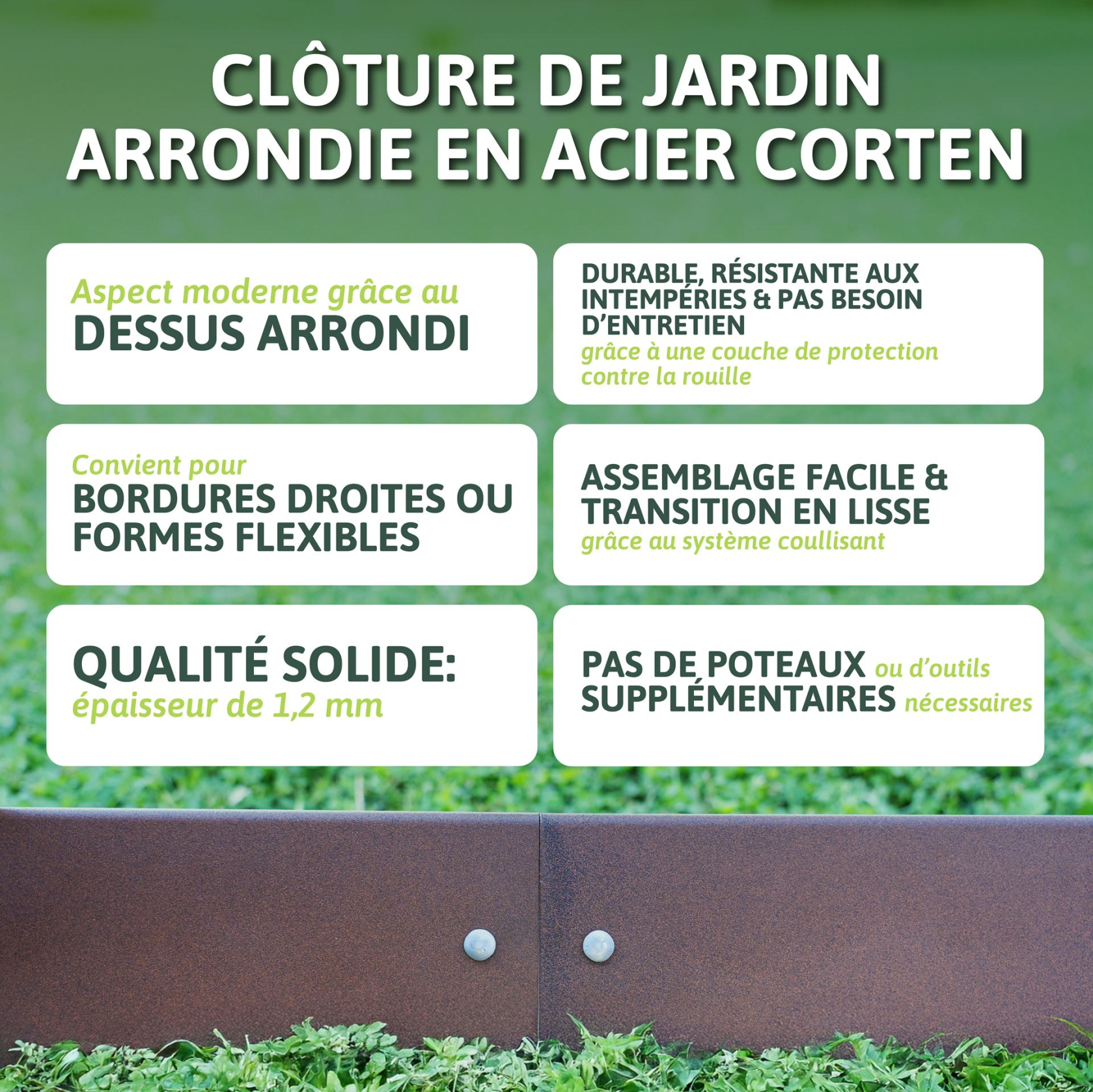 Famiflora démarcation en acier corten - avec sommet arrondi - H : 16cm x L : 100cm - 1.2mm d'épaisseur - y compris les piquets de terre - Qualité européenne !