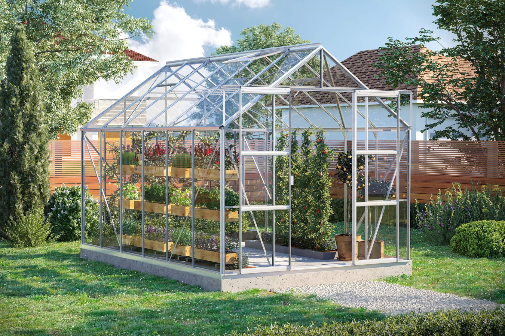 Vitavia Uranus greenhouse 9.9m² with safety glass - Aluminum - With double sliding door (W120 cm) and foundation