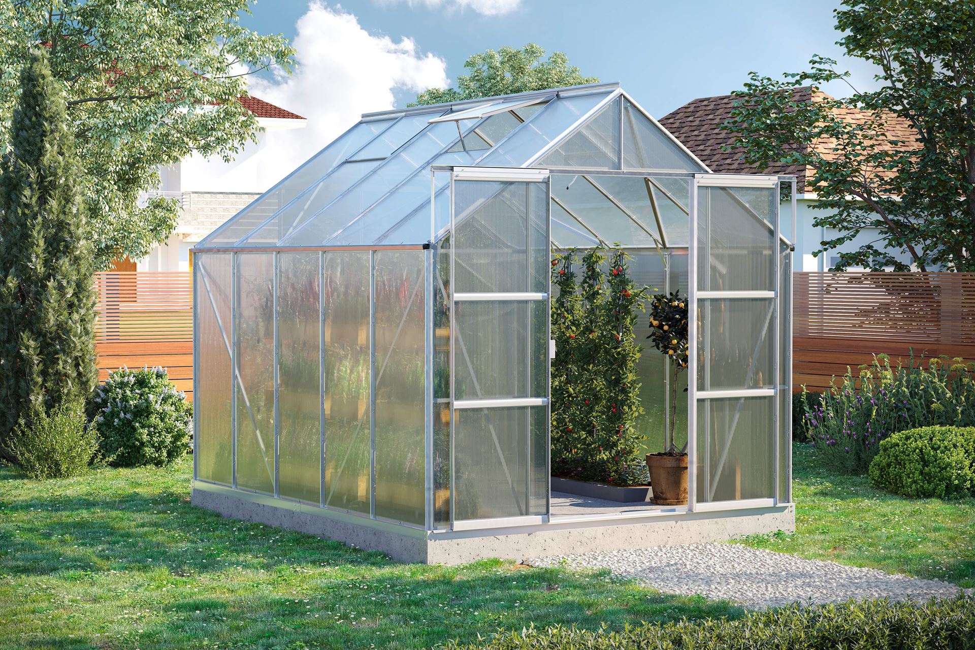Serre Vitavia Uranus 8,3m² avec polycarbonate 4 mm - Aluminium - Avec double porte coulissante (L120 cm) et fondation