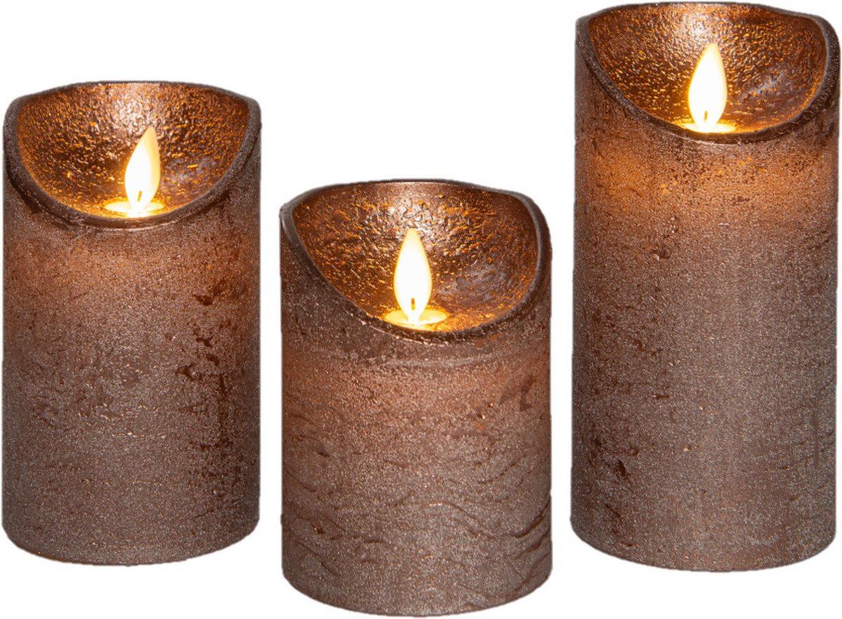 Kaars-Rustiek-3stuks-vlameffect-brons