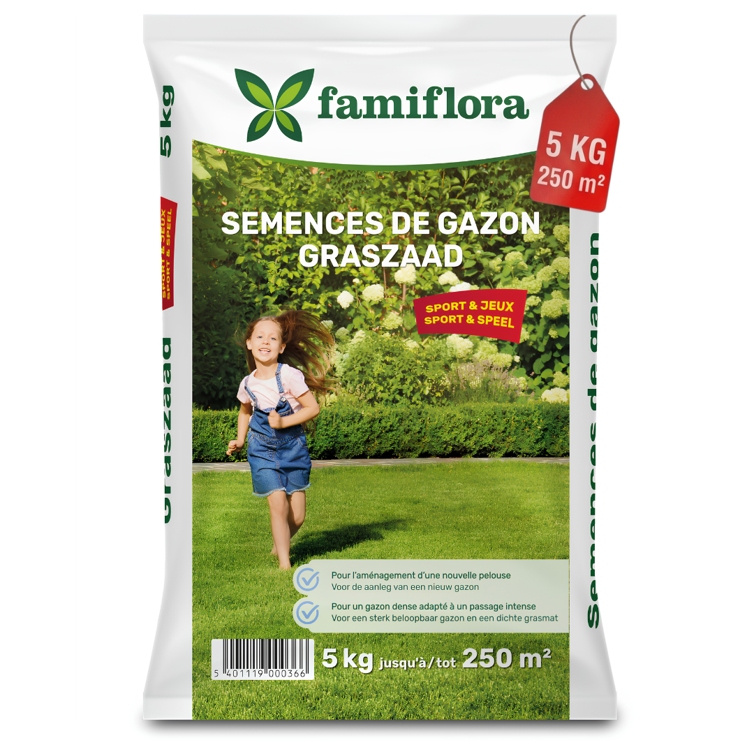 Famiflora semence de gazon 5kg jusqu'à 250m² - Play & Sports - pour l'établissement d'un nouveau gazon
