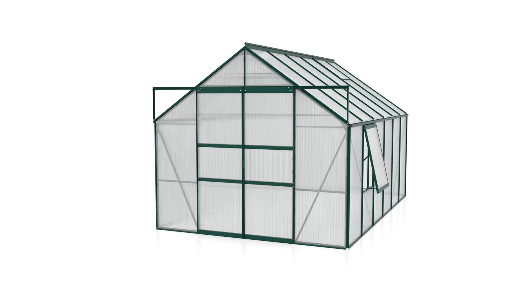 Vitavia Meridian 2 serre 9,9m² avec polycarbonate 6 mm - Vert foncé - Avec double porte coulissante (L120 cm) et fondation