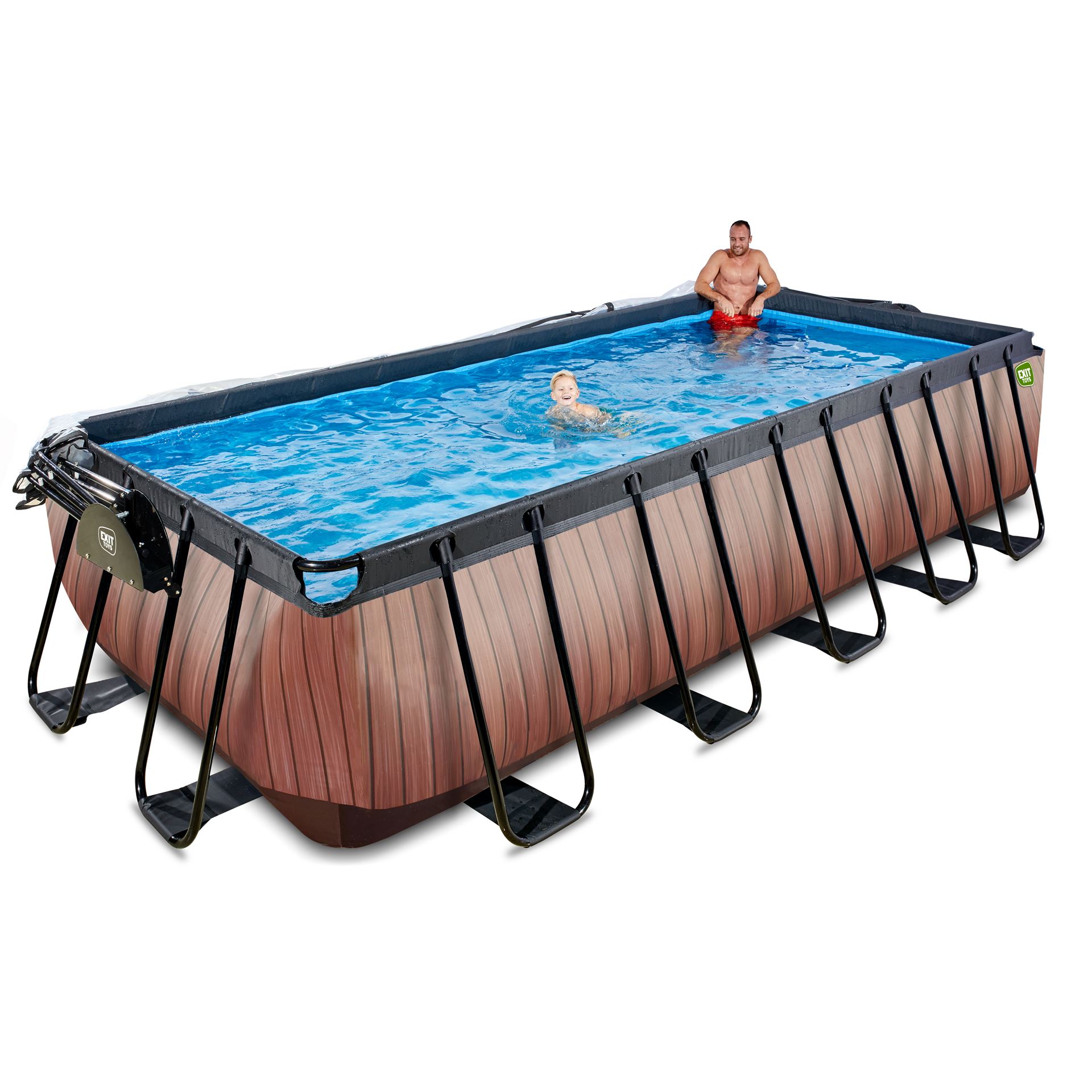 EXIT-Wood-zwembad-540x250x122cm-met-zandfilterpomp-en-overkapping-en-warmtepomp-bruin