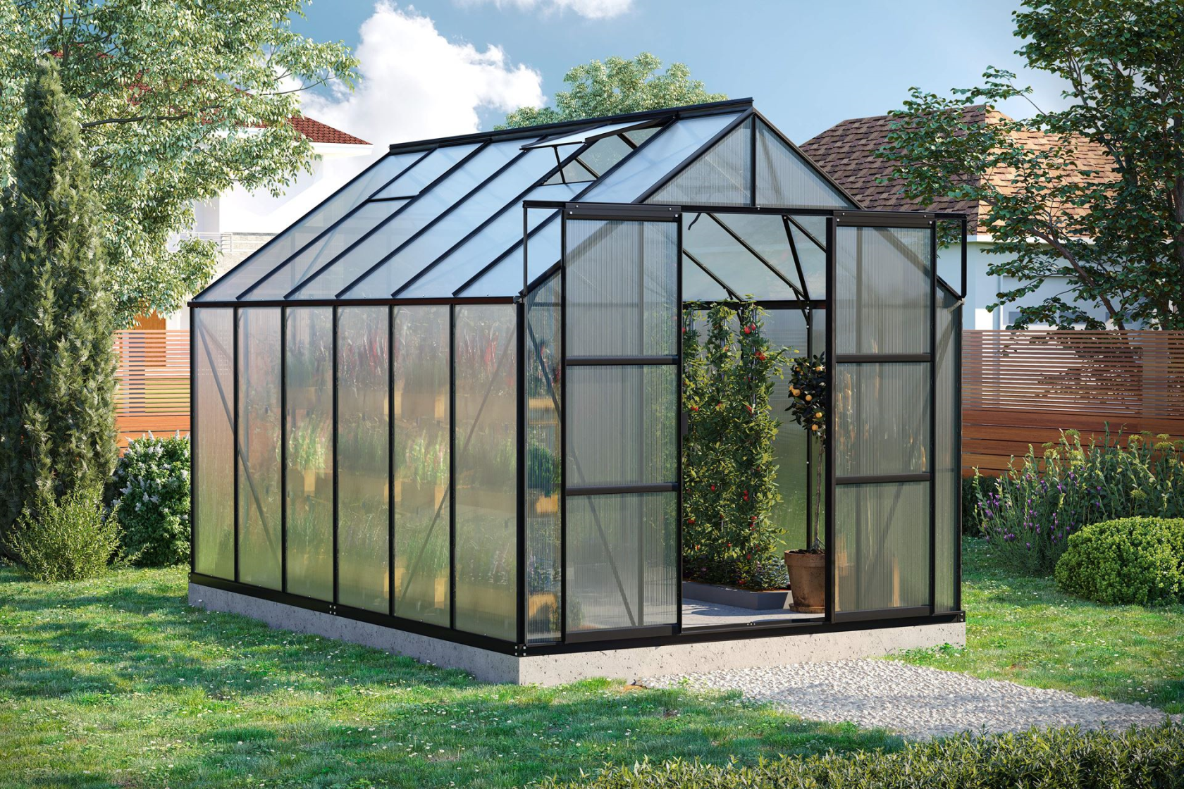 Serre Vitavia Uranus 9.9m² avec polycarbonate 4 mm - Noir - Avec double porte coulissante (L120 cm) et fondation