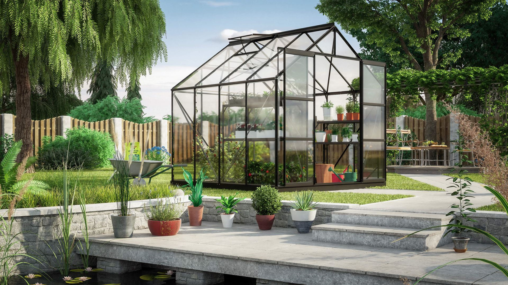 Serre Vitavia Uranus 6.7m² avec verre de sécurité - Noir - Avec double porte coulissante (L120 cm) et fondation