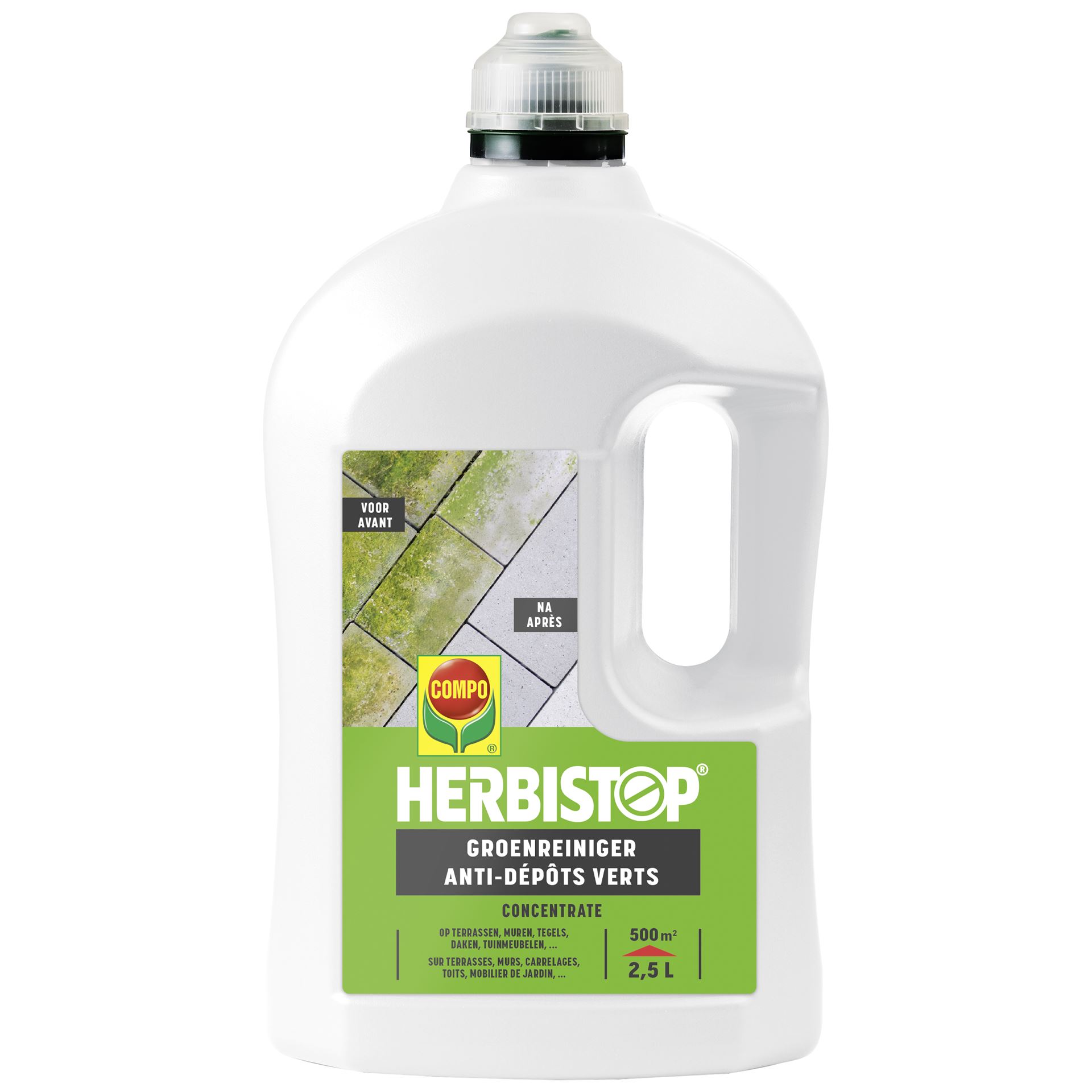 Compo Herbistop Green Cleaner 2.5L (500m²) - against green deposits on terraces, walls, tiles, roofs, garden furniture