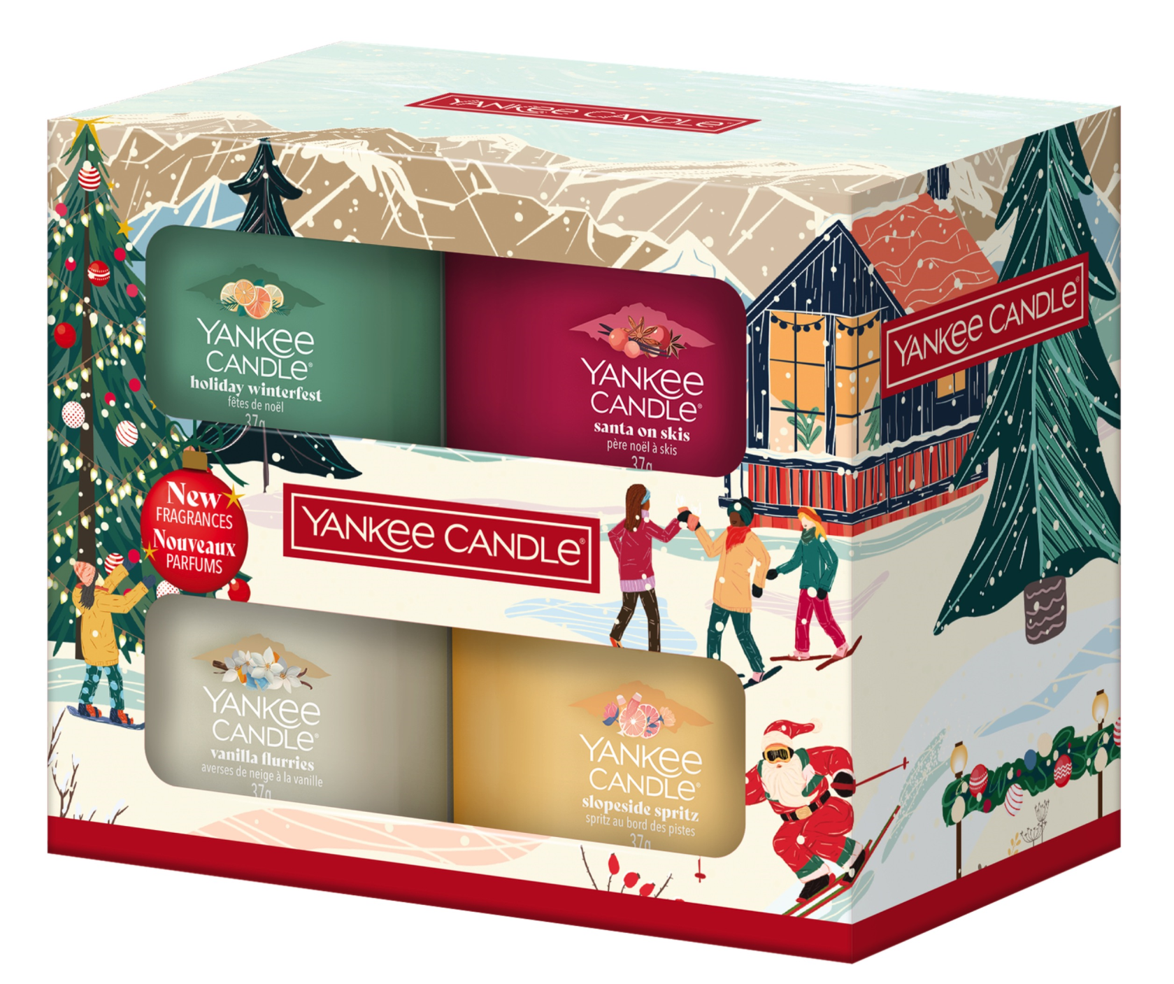 Yankee Candle Apres Ski Christmas Classics - 4 Filled Votive Gift Set - Holiday Winterfest + Santa on Skis + Vanilla Flurries + Slopeside Spritz - 4x37g