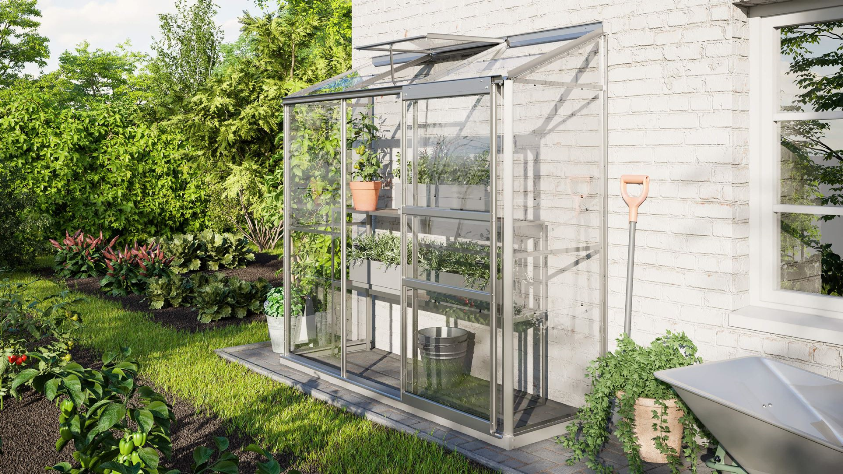Vitavia Ida wall greenhouse 1.3m² with safety glass - Aluminum - With single sliding door (W61 cm) and foundation