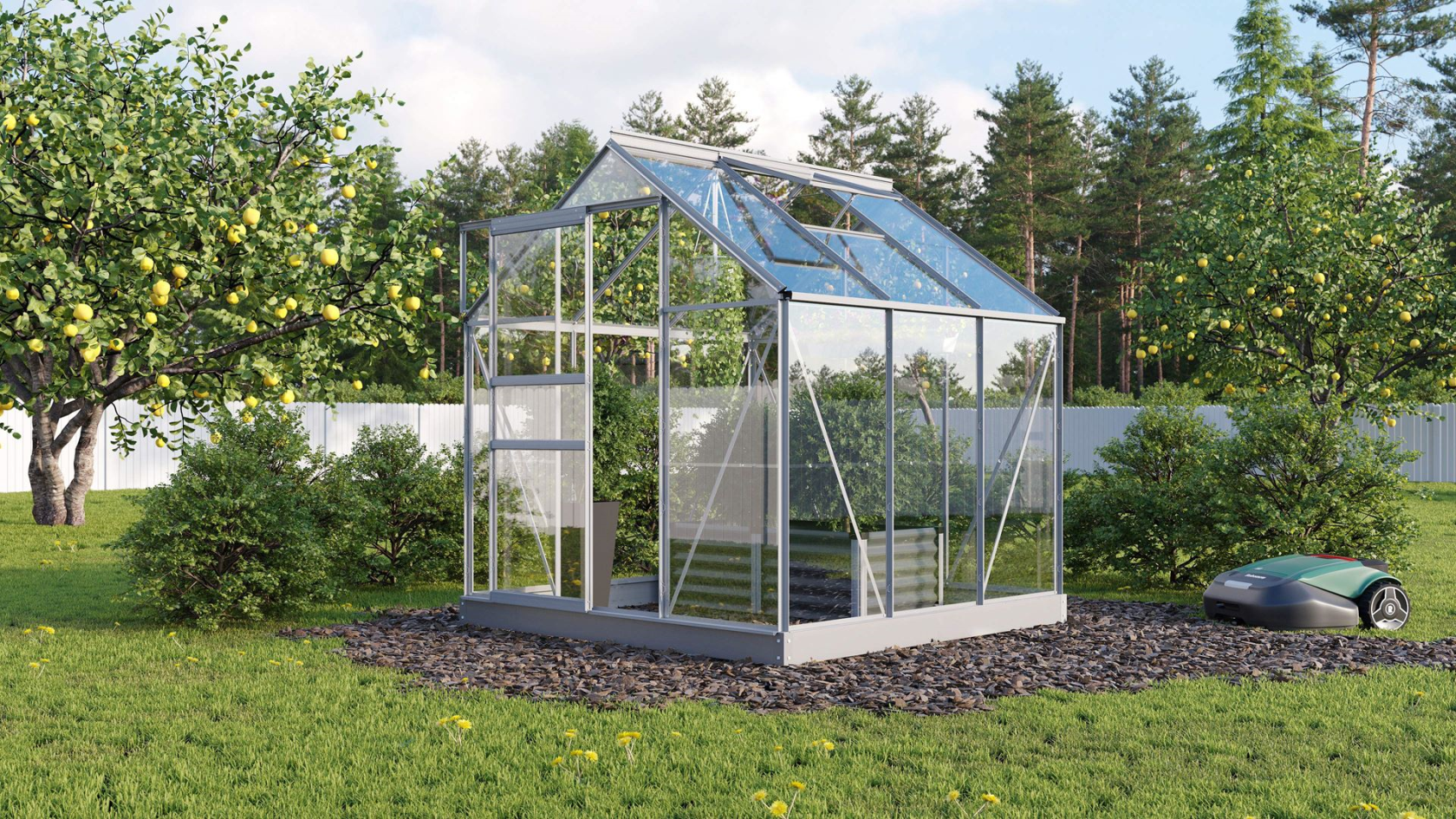 Serre Vitavia Planet 3,8m² avec verre de sécurité - Aluminium - Avec porte coulissante simple (L61 cm) et fondation