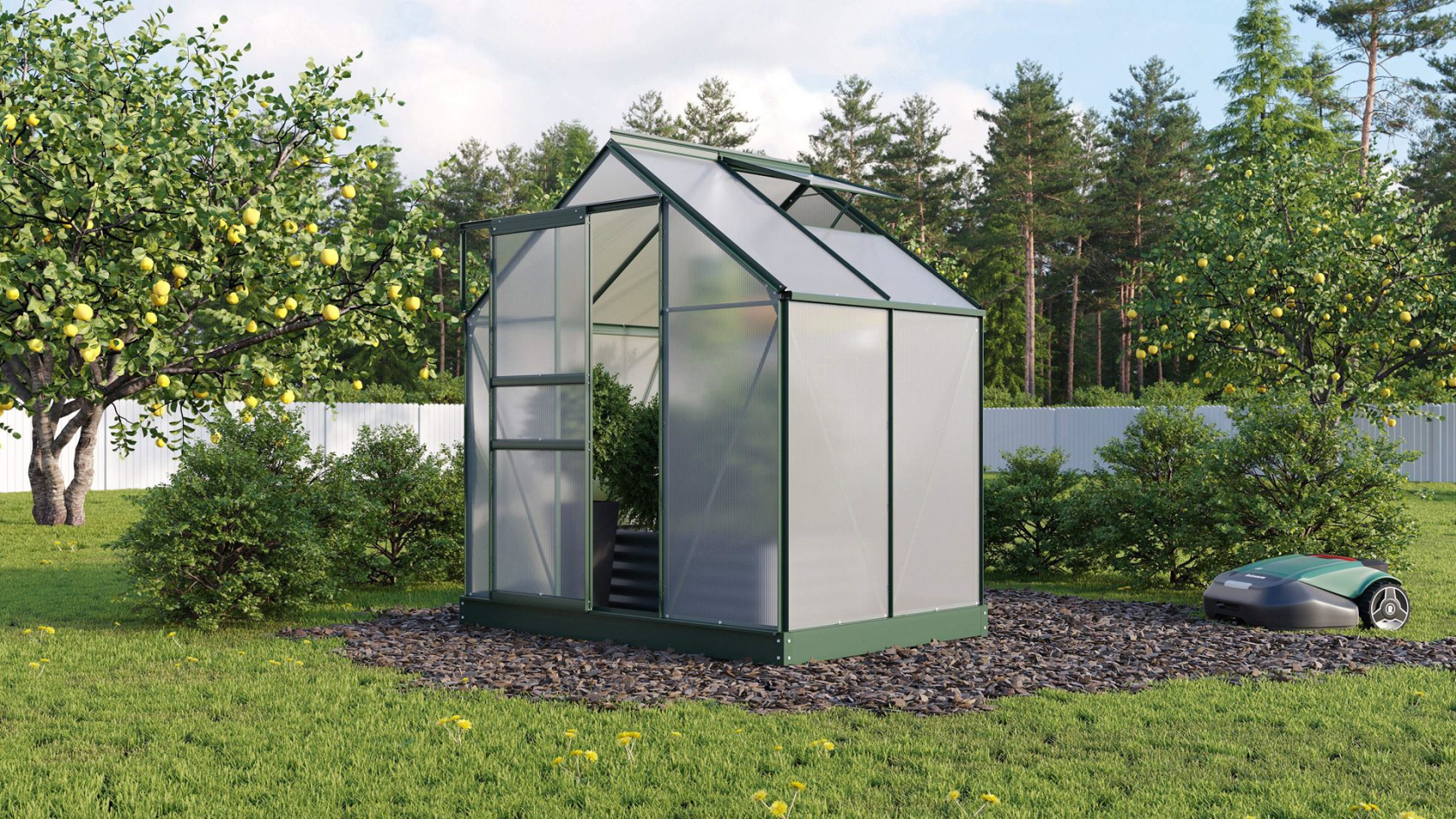 Serre Vitavia Planet 2.5m² avec polycarbonate 6 mm - Vert foncé - Avec porte coulissante simple (B61 cm) et fondation
